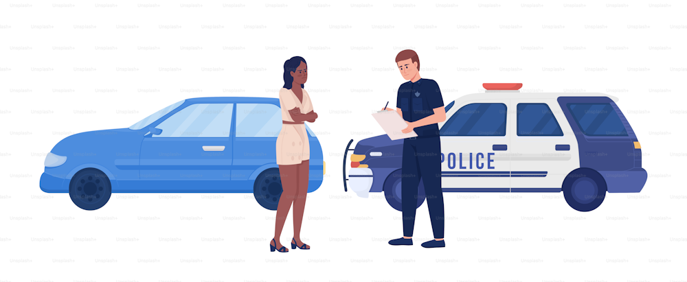 Young angry lady pulled over by police officer semi flat color vector characters. Editable figures. Full body people on white. Simple cartoon style illustration for web graphic design and animation