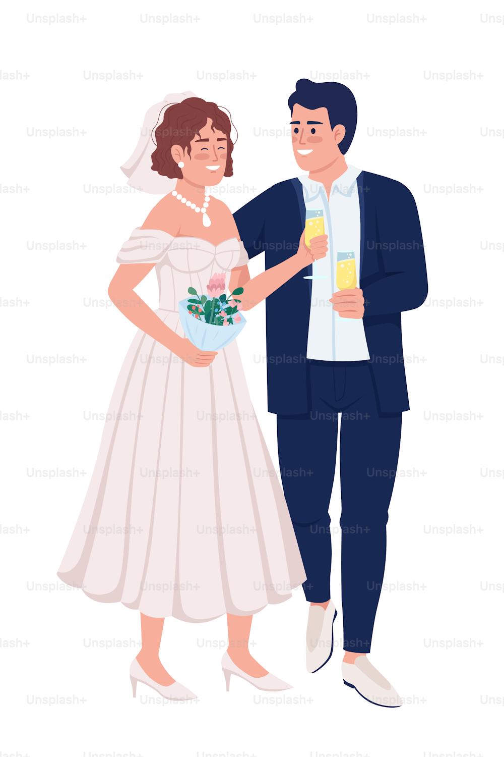 スパークリングワインのセミフラットカラーベクター画像文字を飲む幸せな新婚夫婦。編集可能な図。白い背景に全身の人々。Webグラフィックデザインとアニメーション用のシンプルな漫画スタイルのイラスト