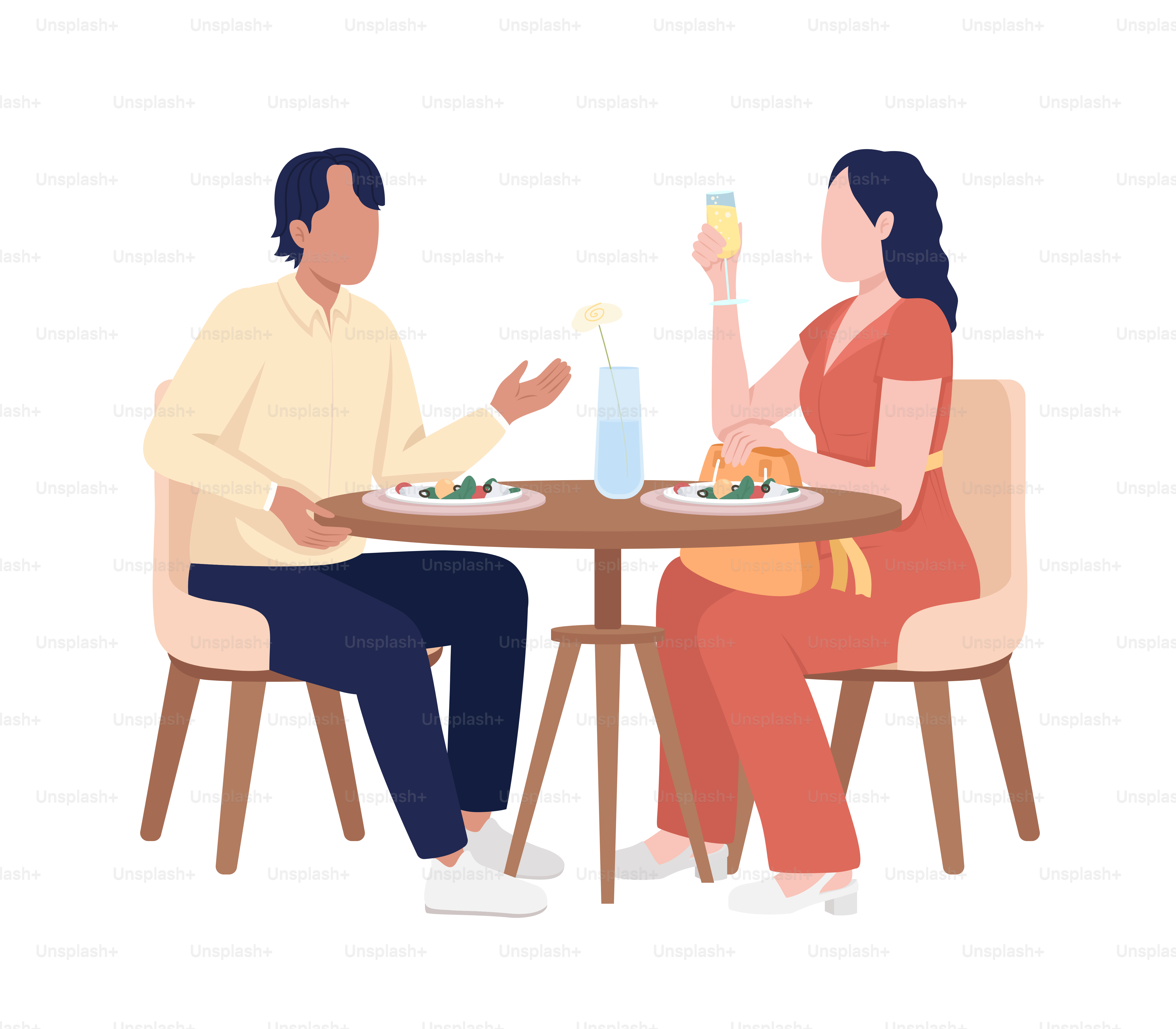커플은 아침 식사를 즐기고 세미 플랫 컬러 벡터 캐릭터와 채팅을 한다. 편집 가능한 그림. 흰색에 전신 사람들. 웹 그래픽 디자인 및 애니메이션을 위한 간단한 만화 스타일 일러스트레이션