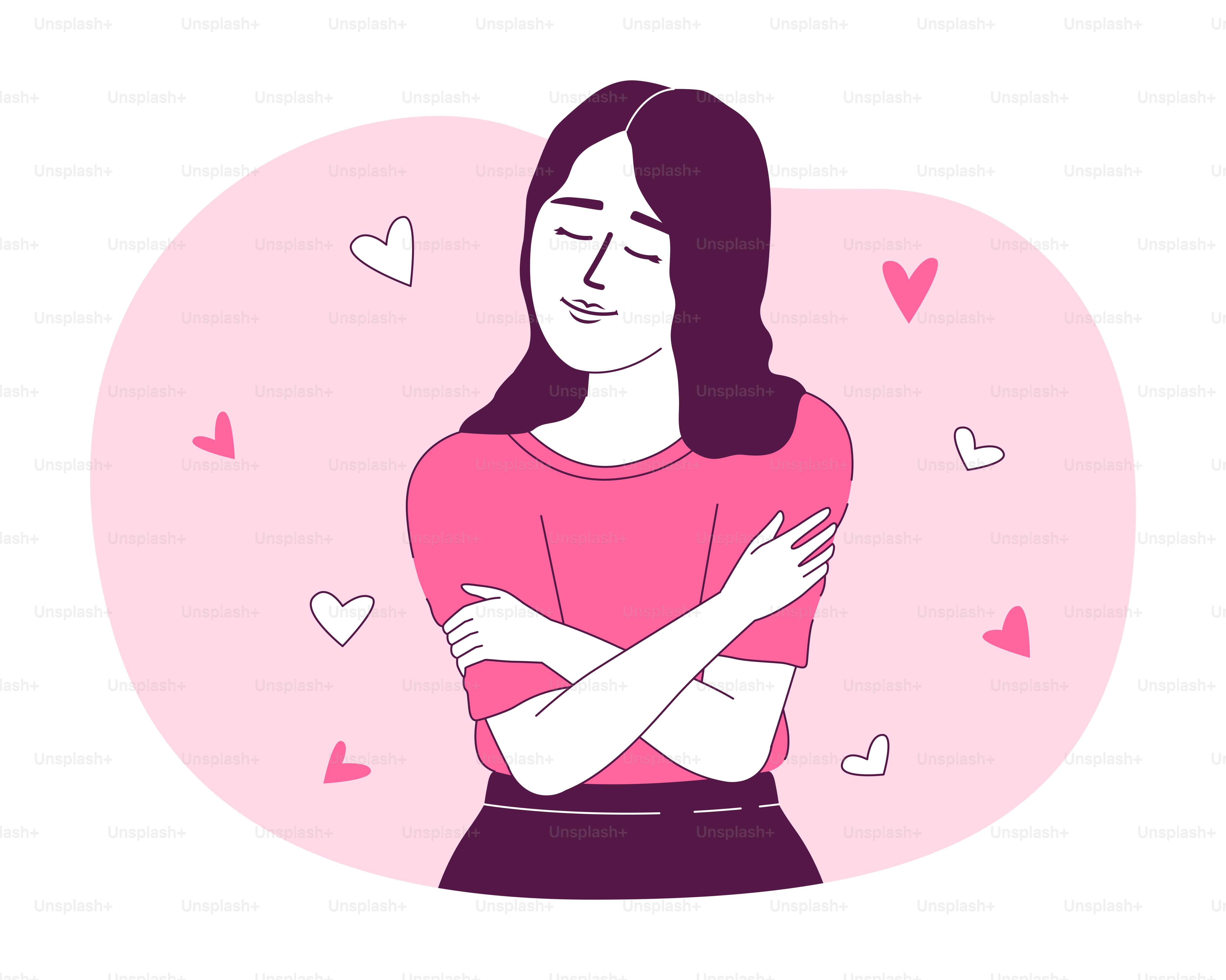 Self love and acceptance 2D vector isolated linear illustration. Emotionally healthy thin line flat character on cartoon background. Colorful editable scene for mobile, website, presentation