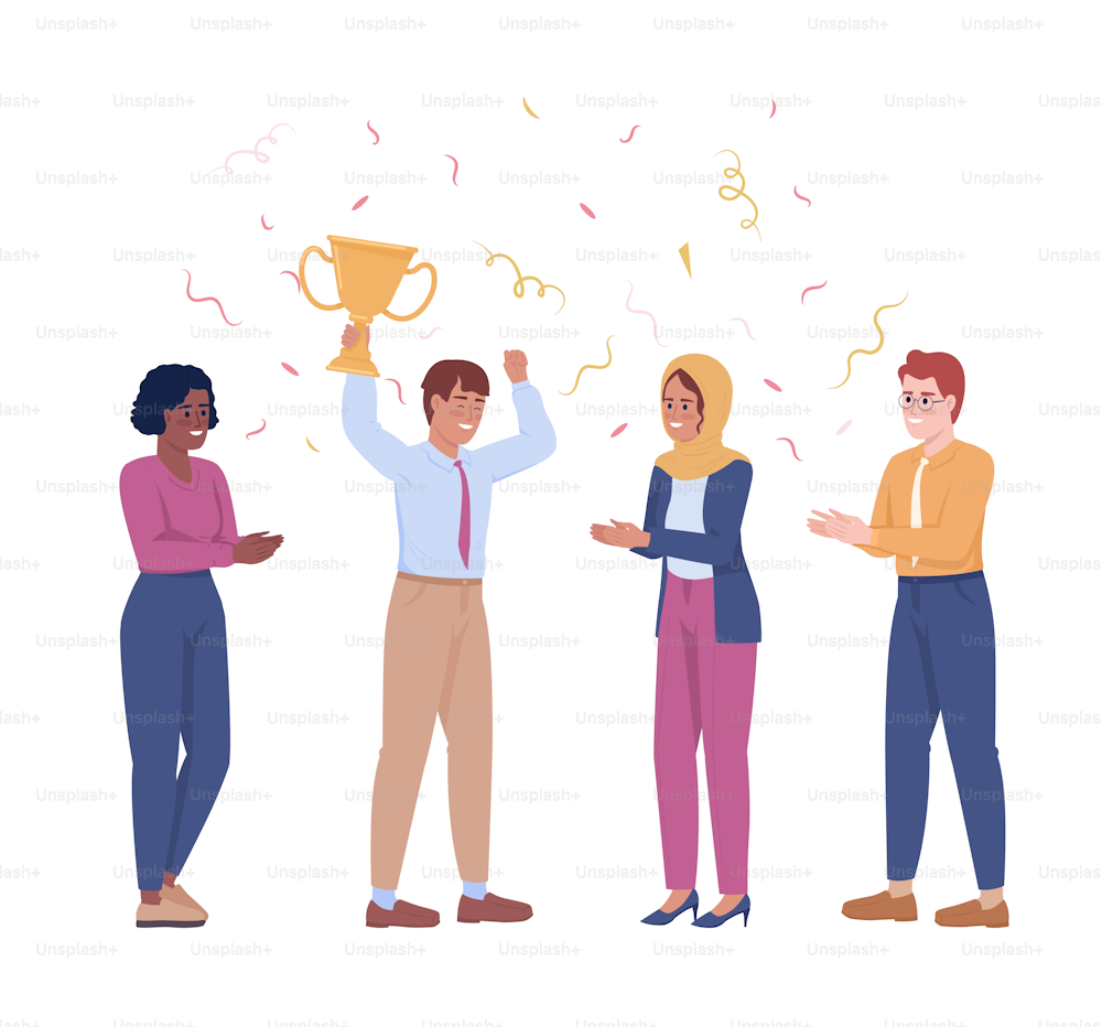 Business team celebrating victory semi flat color vector characters. Editable figures. Full body people on white. Award simple cartoon style illustration for web graphic design and animation