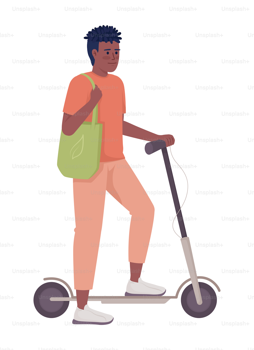 Guy with electric kick scooter semi flat color vector character. Urban mobility. Editable figure. Full body person on white. Simple cartoon style illustration for web graphic design and animation
