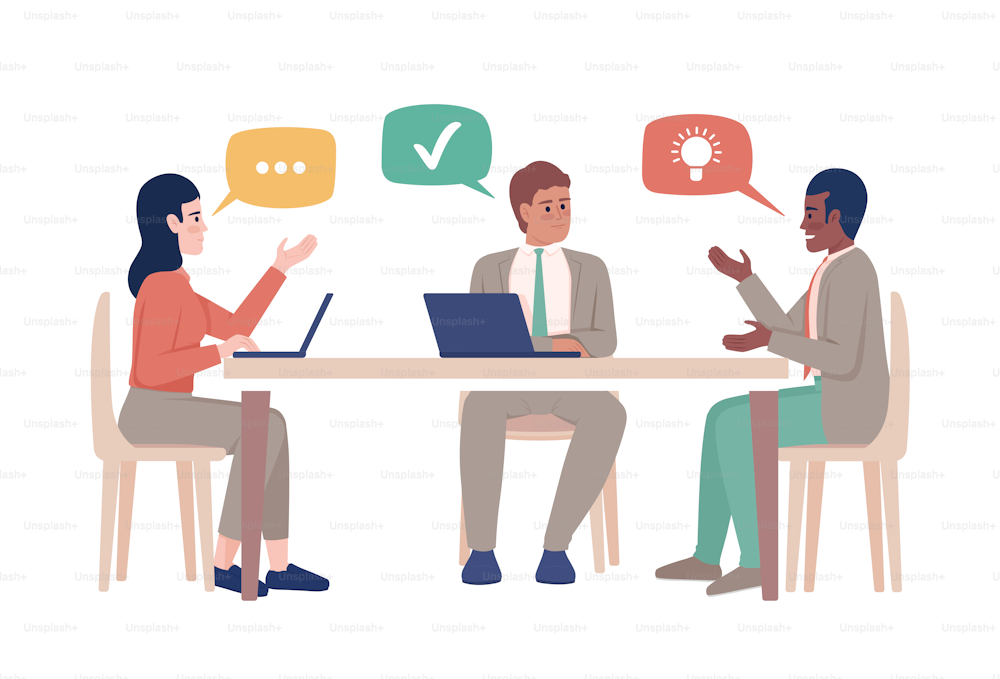 Business discussion semi flat color vector characters. Editable figures. Full body people on white. Corporate strategy simple cartoon style illustration for web graphic design and animation