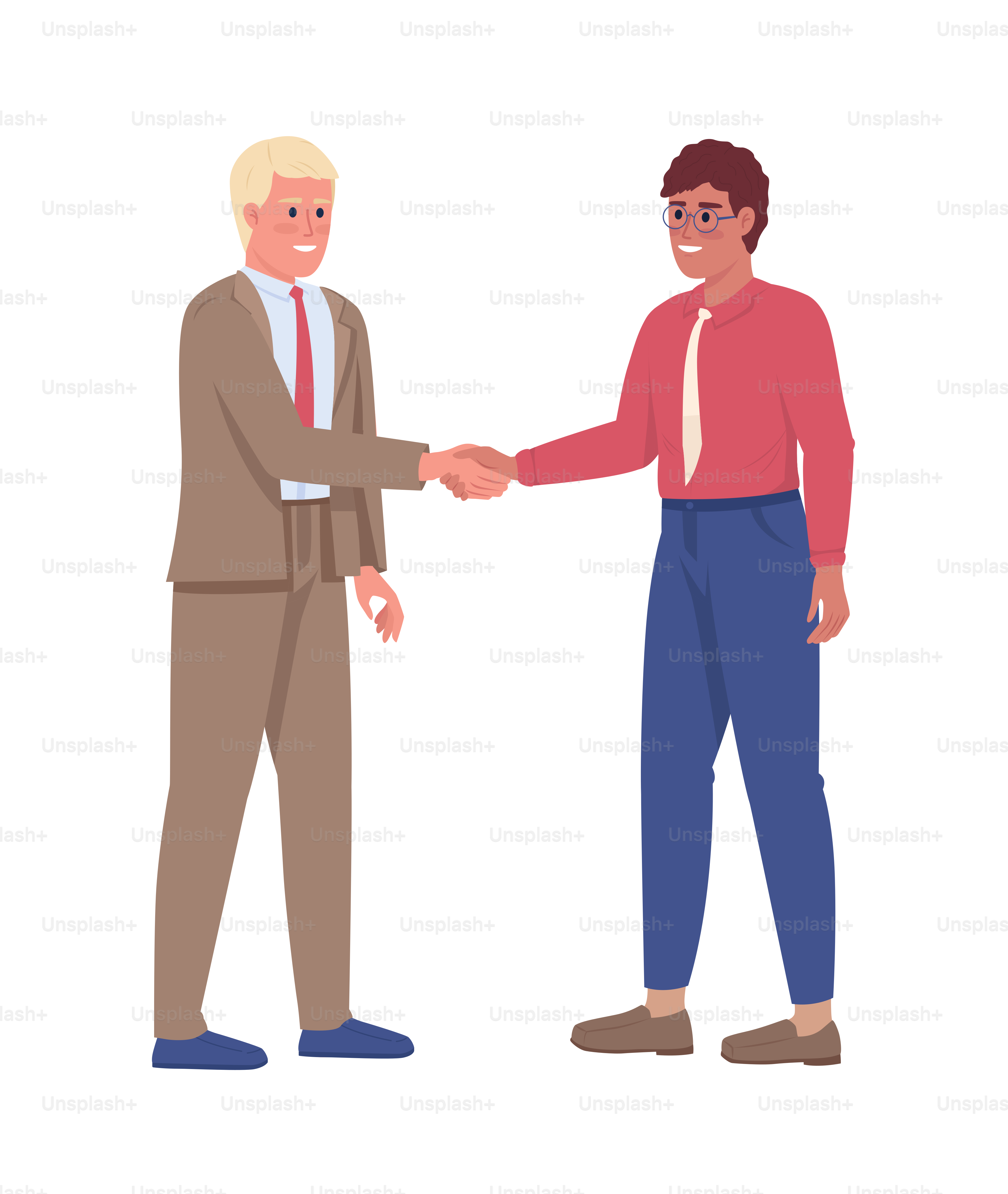 El gerente y el empleado dándose la mano a caracteres vectoriales de color  semi plano. Cifras editables. Personas de cuerpo entero en blanco.  Ilustración sencilla de estilo cómico de compañeros para diseño, image size:3000x3553
