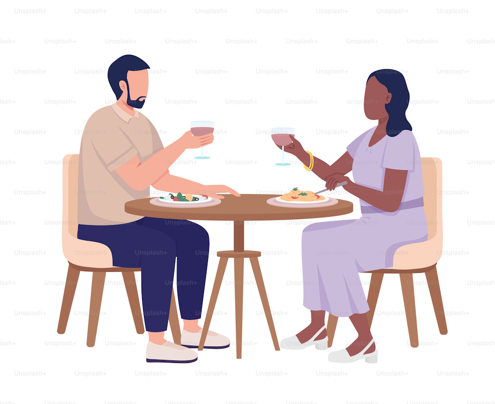 Couple on date drinking wine and eating meals semi flat color vector characters. Editable figures. Full body people on white. Simple cartoon style illustration for web graphic design and animation