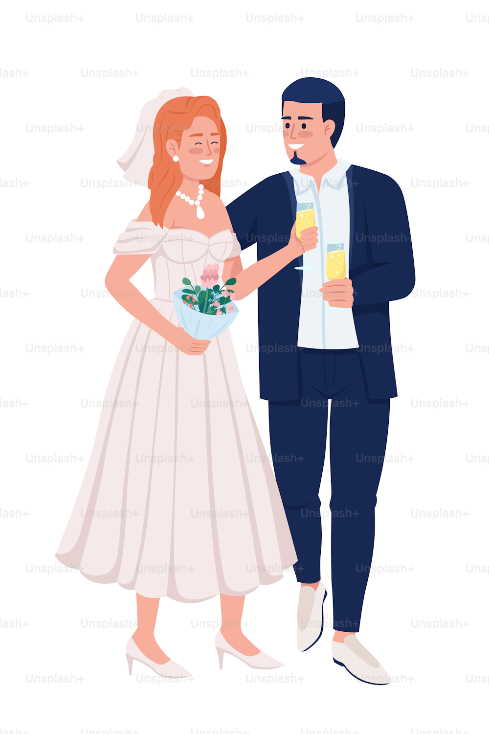 優雅な服装の半平色のベクター画像文字を着た素敵な笑顔のカップル。編集可能な図。白い背景に全身の人々。Webグラフィックデザインとアニメーション用のシンプルな漫画スタイルのイラスト