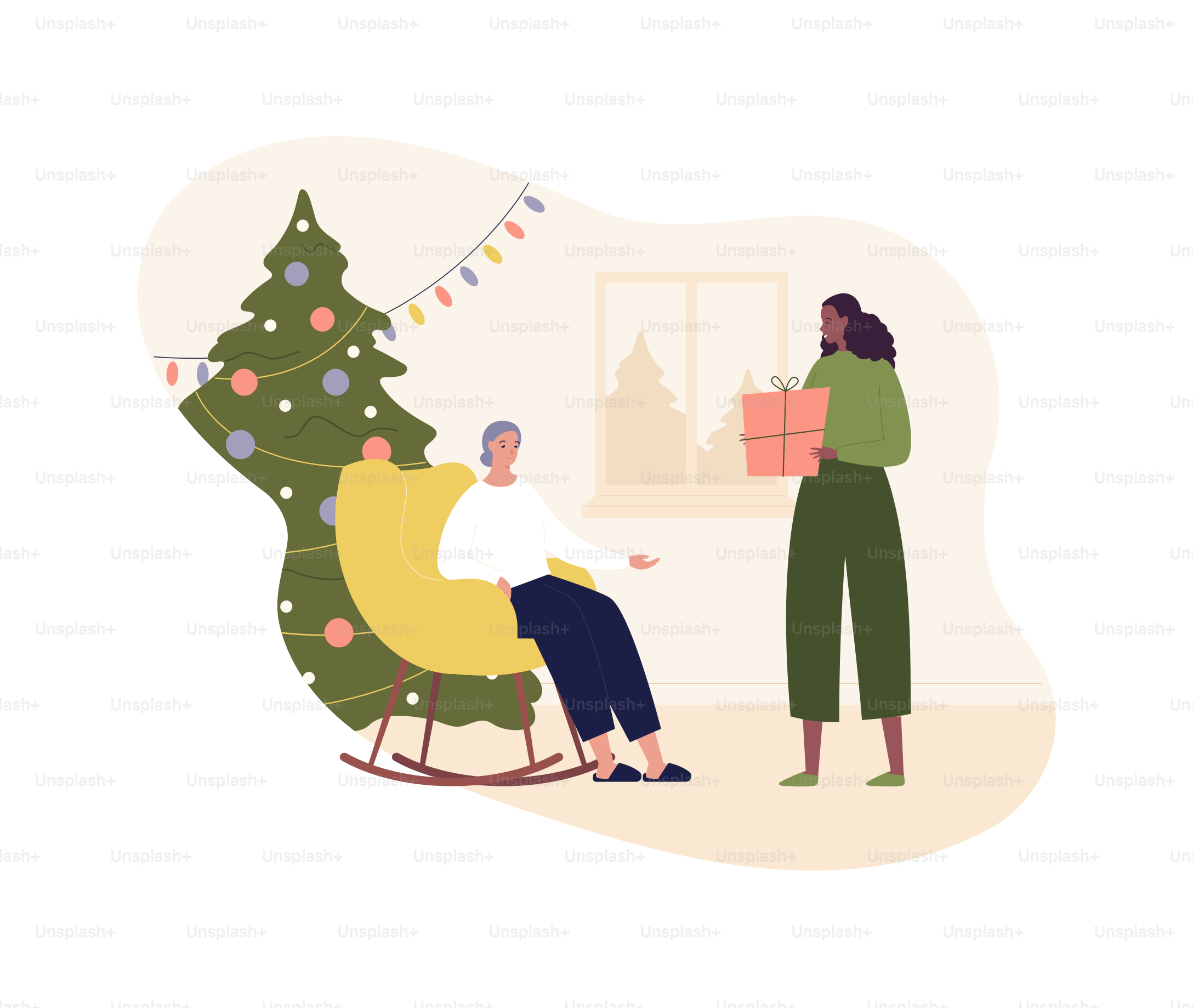 Concepto de celebración de Navidad y Año Nuevo. Ilustración de personajes con diseño plano vectorial. Mujer africana regala una caja de regalo a una mujer mayor sentada en la mecedora. Abeto decorado sobre fondo interior