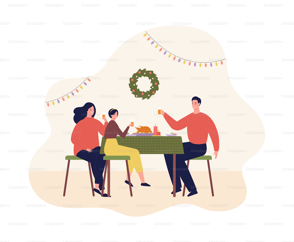Christmas and new year celebration concept. Vector flat design character illustration. Father, mother with daughter have holiday dinner. Decorated fir tree garland on indoor background