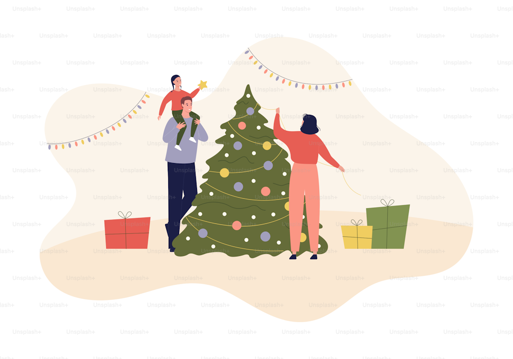 Christmas and new year holiday celebration concept. Vector flat design character illustration. Father, mother with girl child decorate fir tree. Gift box on indoor background