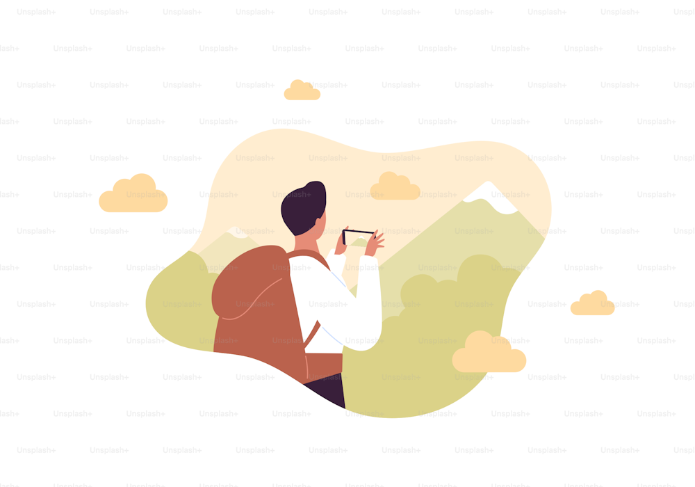 Tourism and hike adventure concept. Vector flat people illustration. Tourist with backpack and smartphone in hands photo landmark. Green mountain with cloud background. Design for nature park journey.