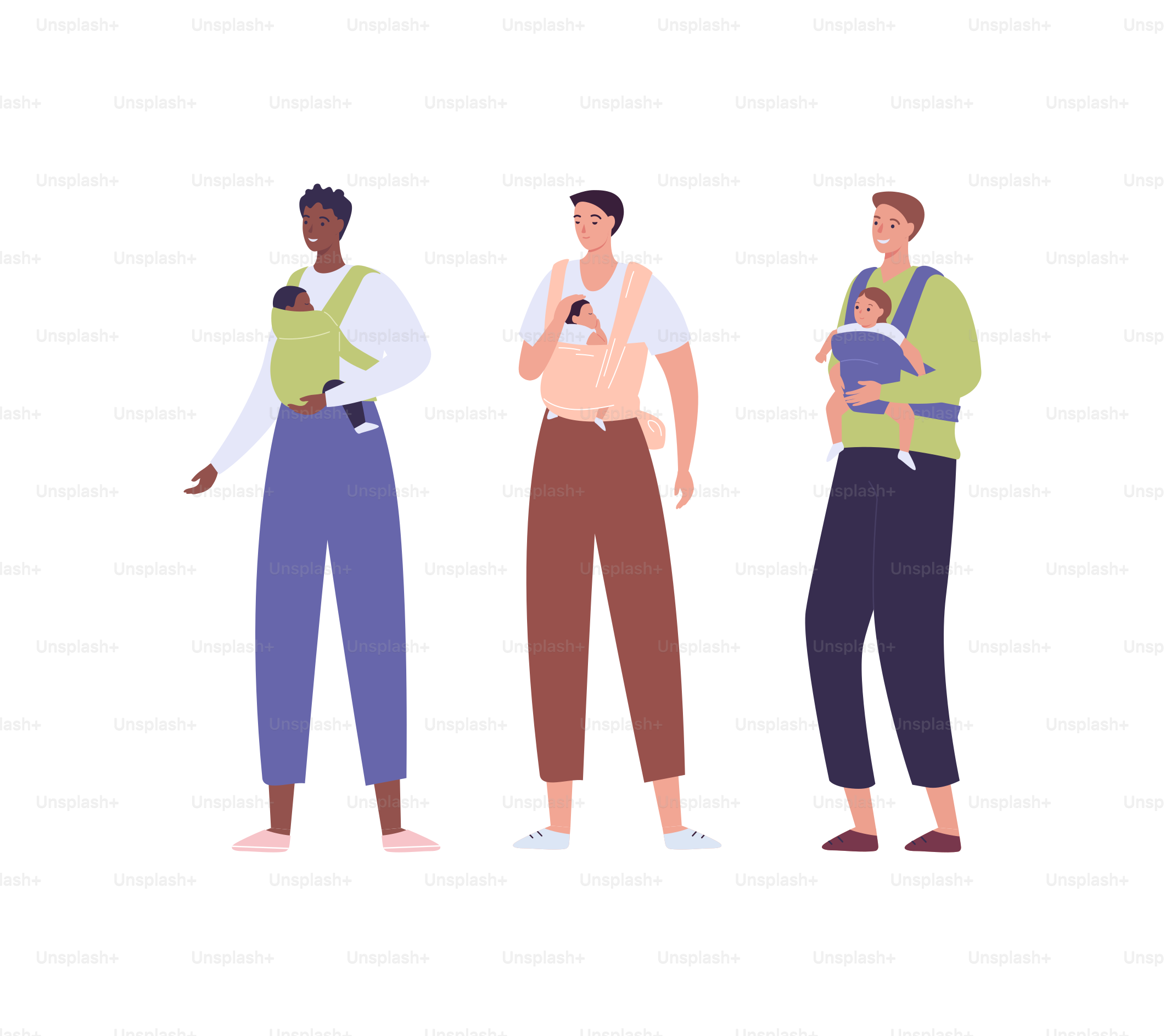 Parent with child in baby carrier. Vector flat people illustration set. Group of diverse men hold son or daughter. African american, caucasian, mixed ethic person. Concept of father love and care.