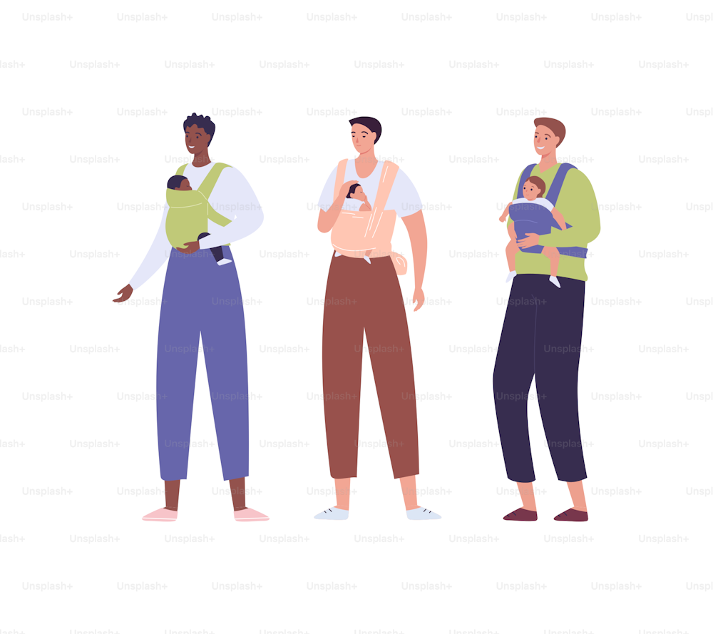 Parent with child in baby carrier. Vector flat people illustration set. Group of diverse men hold son or daughter. African american, caucasian, mixed ethic person. Concept of father love and care.