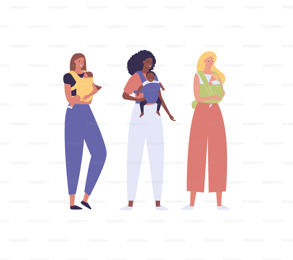 Parent with child in baby carrier. Vector flat people illustration set. Group of diverse female hold son or daughter. African american, caucasian, mixed ethic person. Concept of mother love and care.