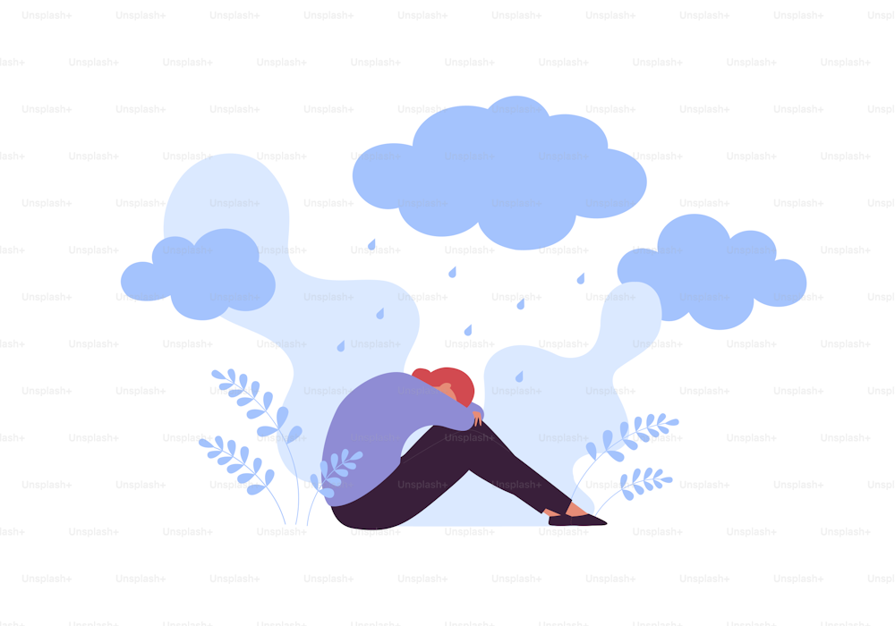 Sad and depression emotion concept. Vector flat people illustration. Woman sitting alone in depressed pose. Cloud with rain sign. Symbol of negative feeling, grief, ptsr, sorrow, mental disorder.