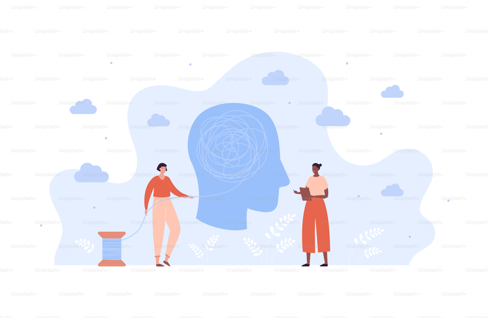 Mental health care concept. Vector flat people character illustration. Female patient and african american woman psychologist meeting. Psychological therapy session. Human head with tangled thread.