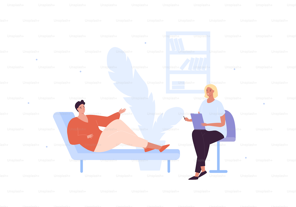 Mental health care concept. Vector flat people character illustration. Man patient lying on sofa and woman therapist meeting in psychotherapy office room. Psychological therapy and psychiatry.