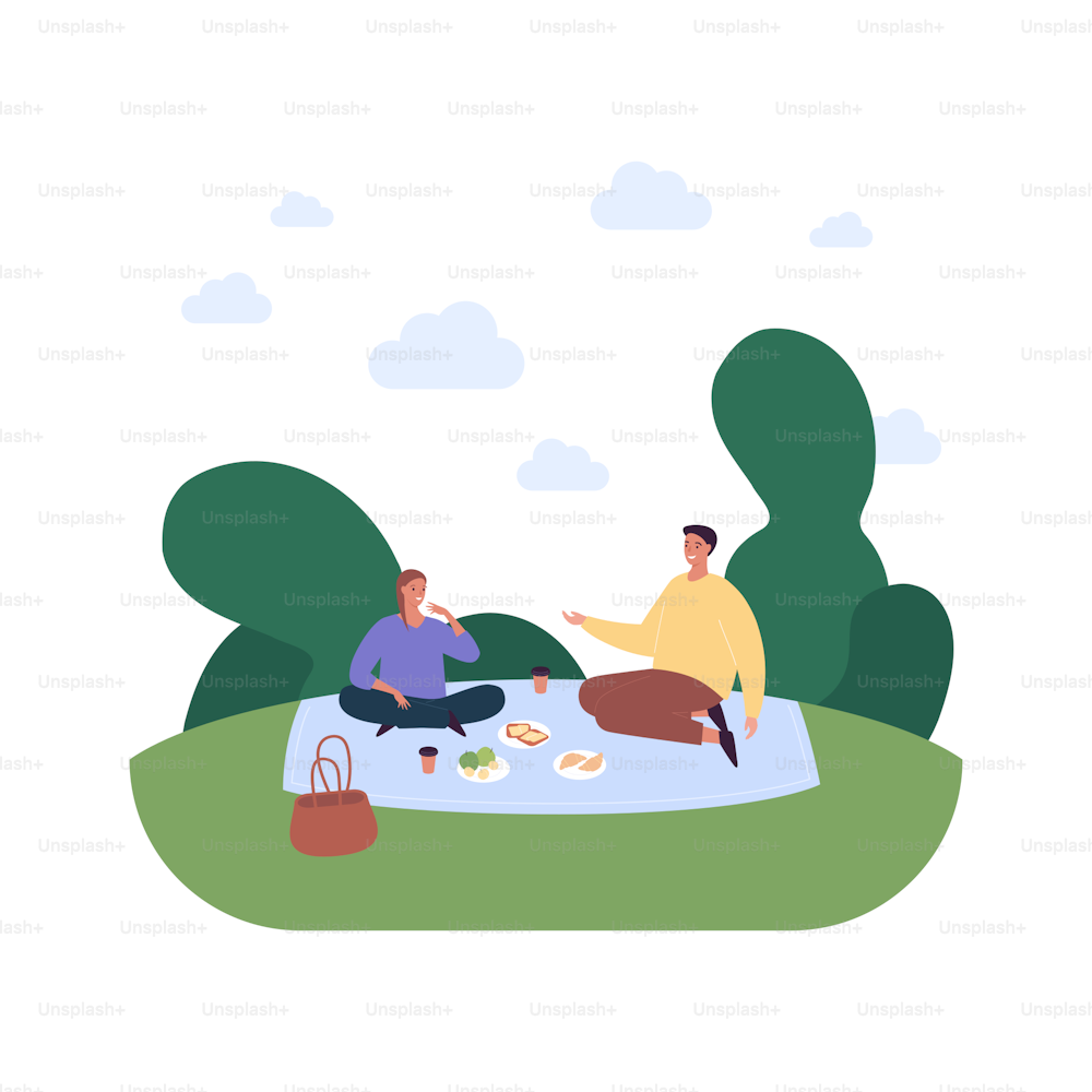 People relationship and dating concept. Vector flat style illustration. Couple of sitting man and woman friend or lover on date. Outdoor summer picnic in park with coffee, toast and croissant.