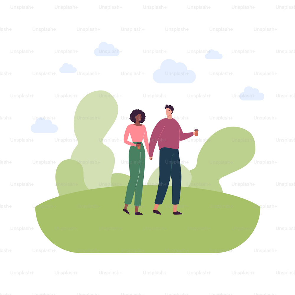 People relationship and dating concept. Vector flat style illustration. Couple of walking caucasian man and african american woman friend or lover on date. Outdoor summer walk in park with coffee.