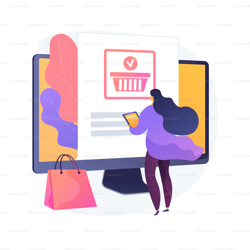 Online ordering, purchase making, buying goods on internet store website. Female customer with tablet adding product to cart cartoon character. Vector isolated concept metaphor illustration.