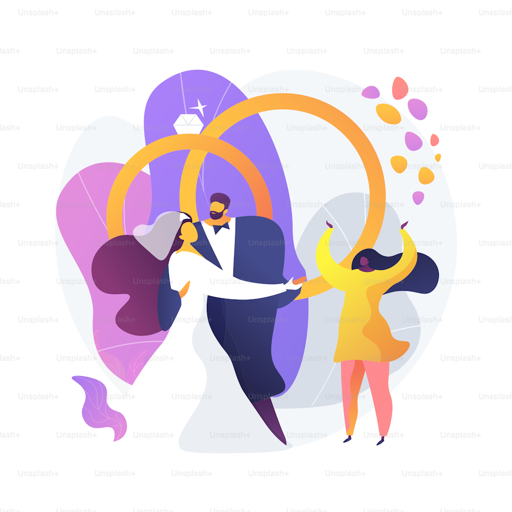 Wedding ceremony. Bride in beautiful white dress and groom cartoon characters. First dance of the newlyweds. Marriage, engagement, celebration. Vector isolated concept metaphor illustration