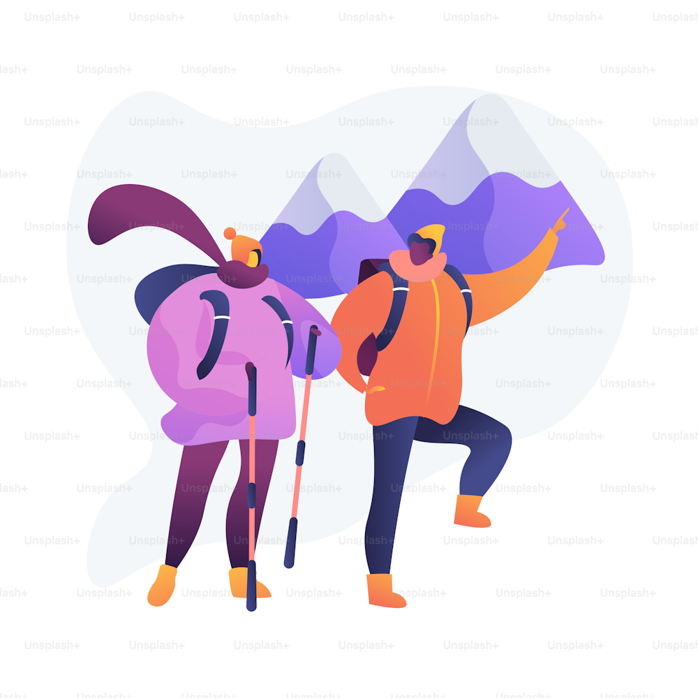 Mountain expedition. Wanderlust and sense of adventure. Backpacker on vacation, tourist walking, traveler climbing. Hiking on Alpine peak. Vector isolated concept metaphor illustration.