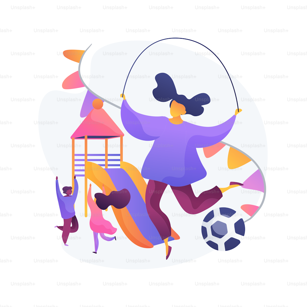 Children on playground. Kids playing together. Kindergarten park, preschool activity, summer daycare. Friends having fun. Girl with jumping rope. Vector isolated concept metaphor illustration.