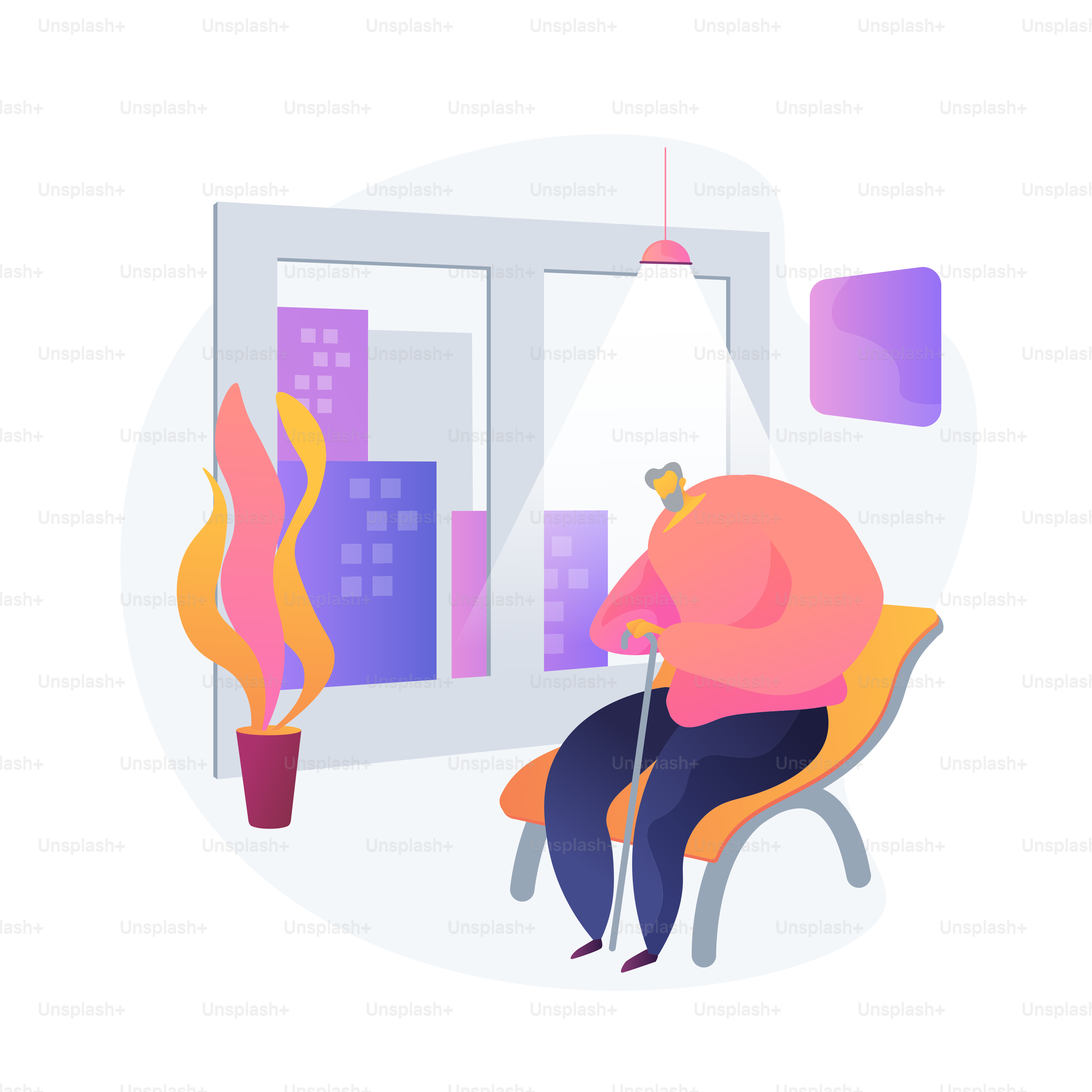 Loneliness of elderly people. Older adults isolation problem. Senior man cartoon character sitting alone in empty room. Retirement, isolation, solitude. Vector isolated concept metaphor illustration