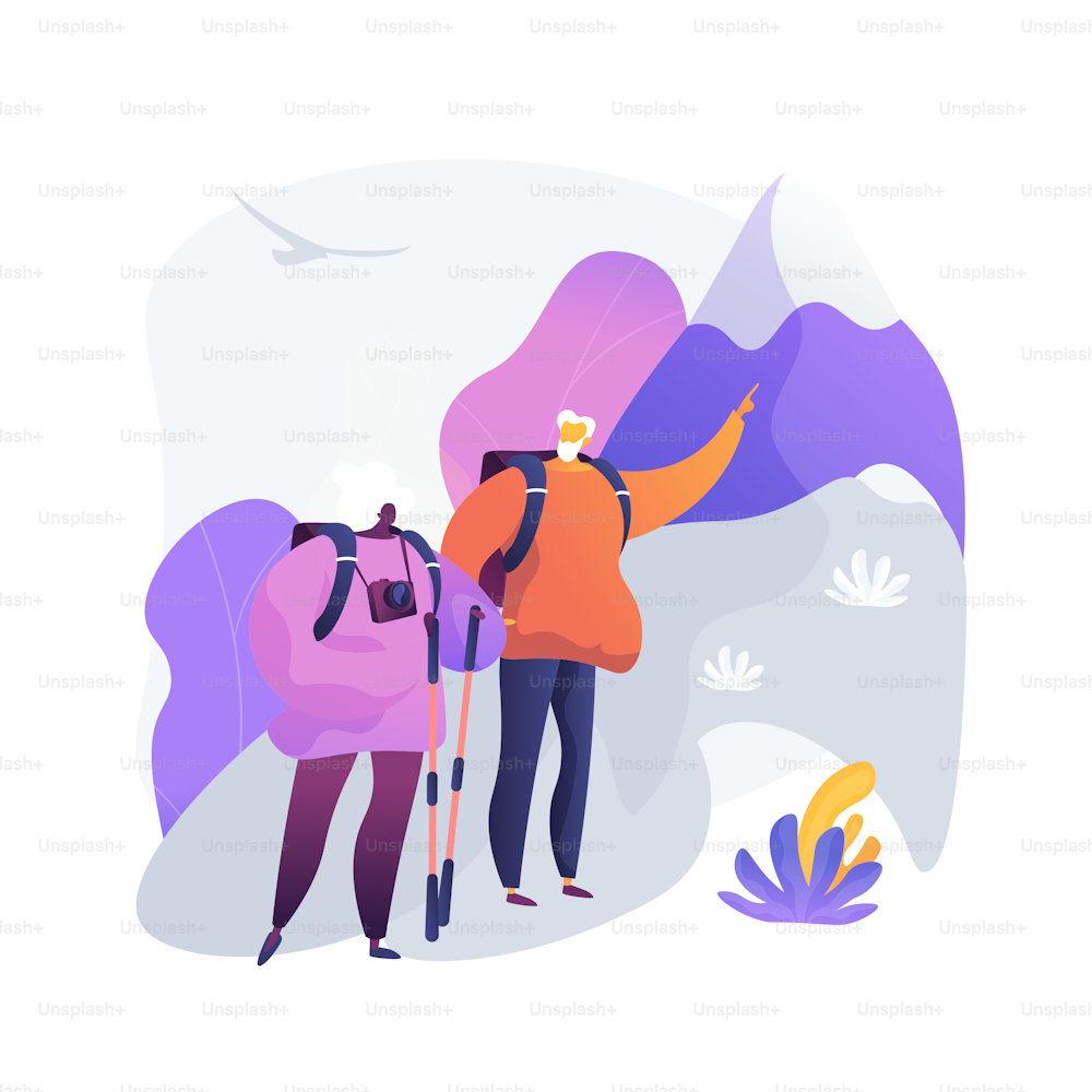 Retirement travel. Couple of elderly people hiking in mountains with backpacks and camera. Senior people travelling. Tourism, recreation, activity. Vector isolated concept metaphor illustration