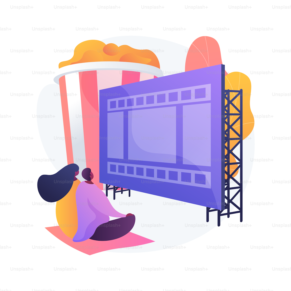 Summer theater. Summertime entertainment, watching movies, outdoor recreation. Couple enjoying relaxing evening in open air cinema, romantic date idea. Vector isolated concept metaphor illustration