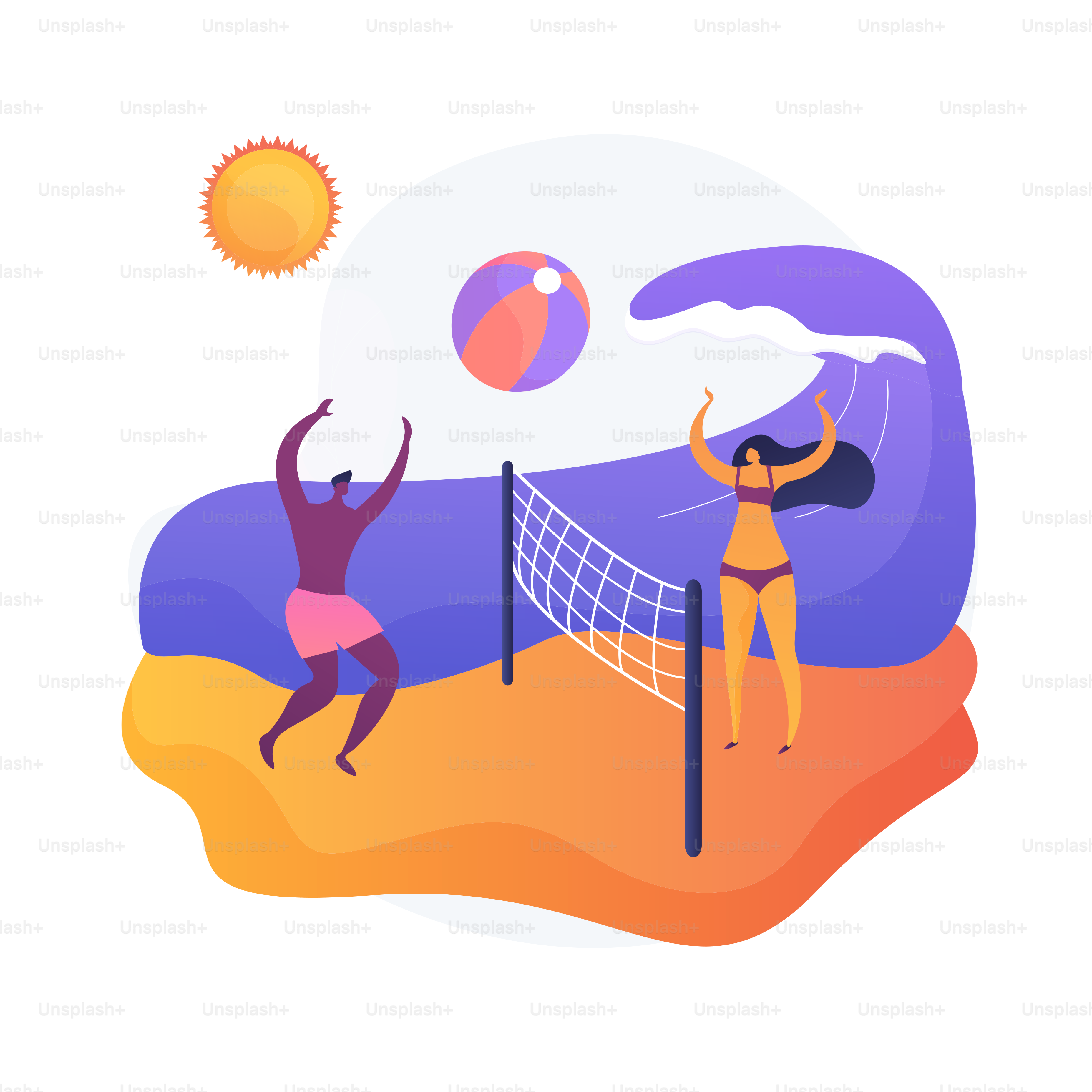 Attività estive. Vacanze estive, relax al mare, giochi con la palla all'aperto. Turisti abbronzati che giocano a beach volley. Idea di riposo attivo. Illustrazione della metafora del concetto isolato del vettore