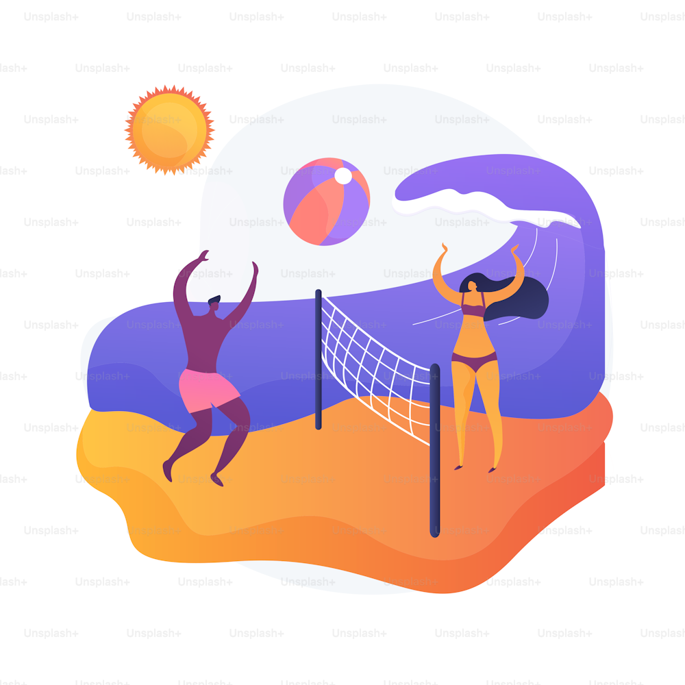 Summertime activities. Summer vacation, seaside relax, outdoor ball games. Suntanned tourists playing beach volleyball. Active rest idea. Vector isolated concept metaphor illustration