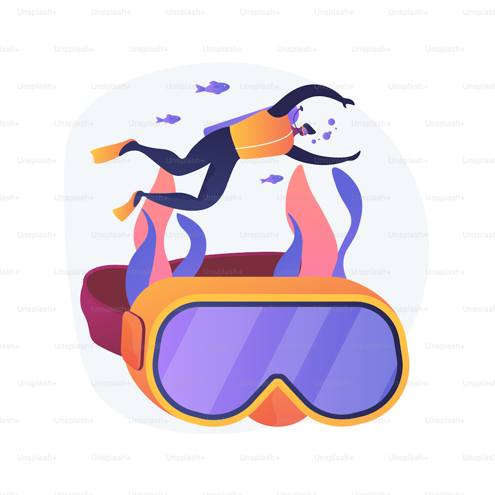 Diving school instructor. Scuba diving, underwater recreation, snorkelling lesson. Male diver in wetsuit and mask swimming with aqualung. Vector isolated concept metaphor illustration