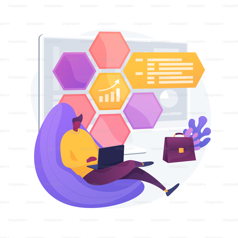 Freelancer in comfortable workplace. Businessman in coworking zone. Man studying, person working, developer with laptop. Blogger sitting casually. Vector isolated concept metaphor illustration.