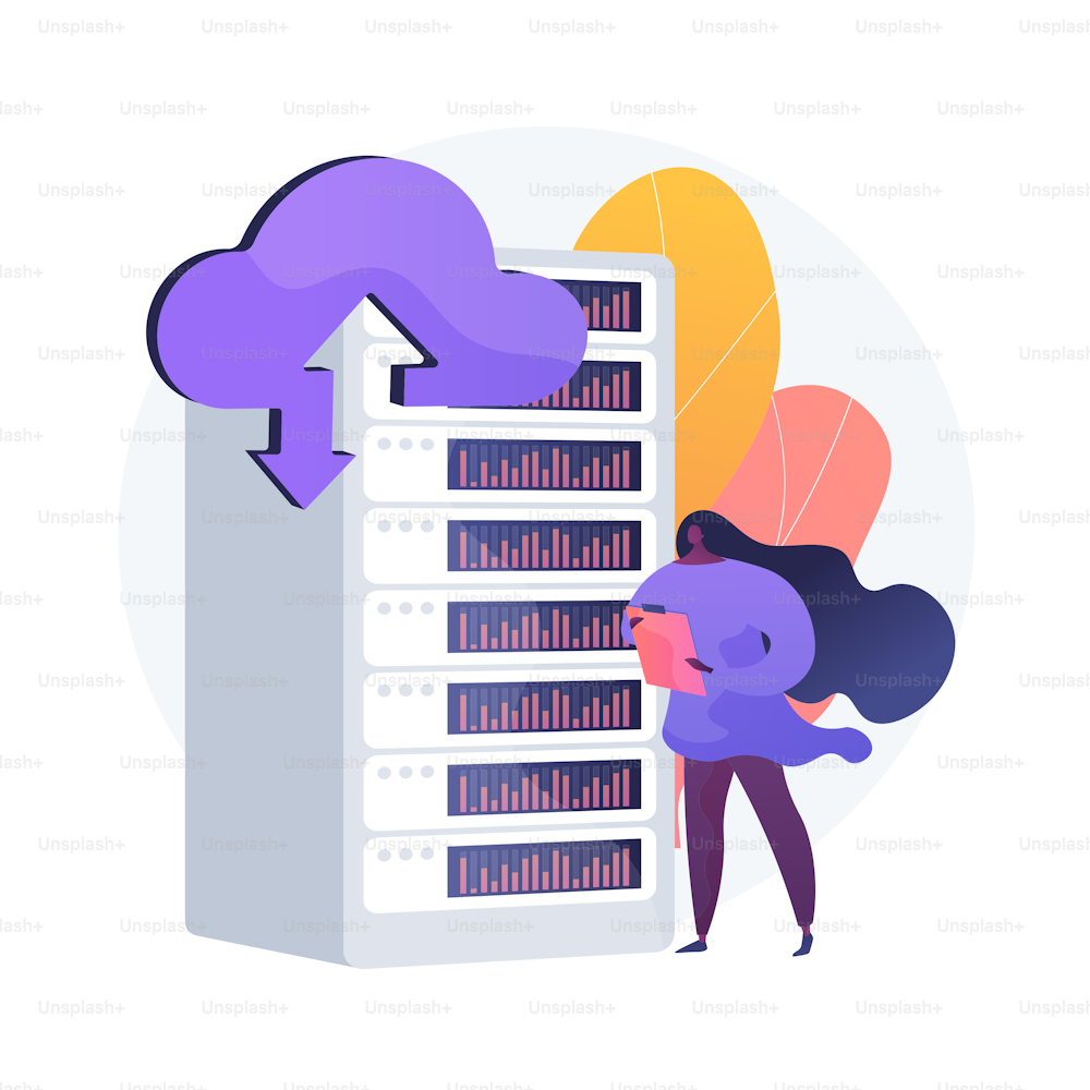 Hosting processor. Emergency memory store. Domain cluster, emergency backup, upload files. Technical room equipment. Accessible datacenter. Vector isolated concept metaphor illustration.