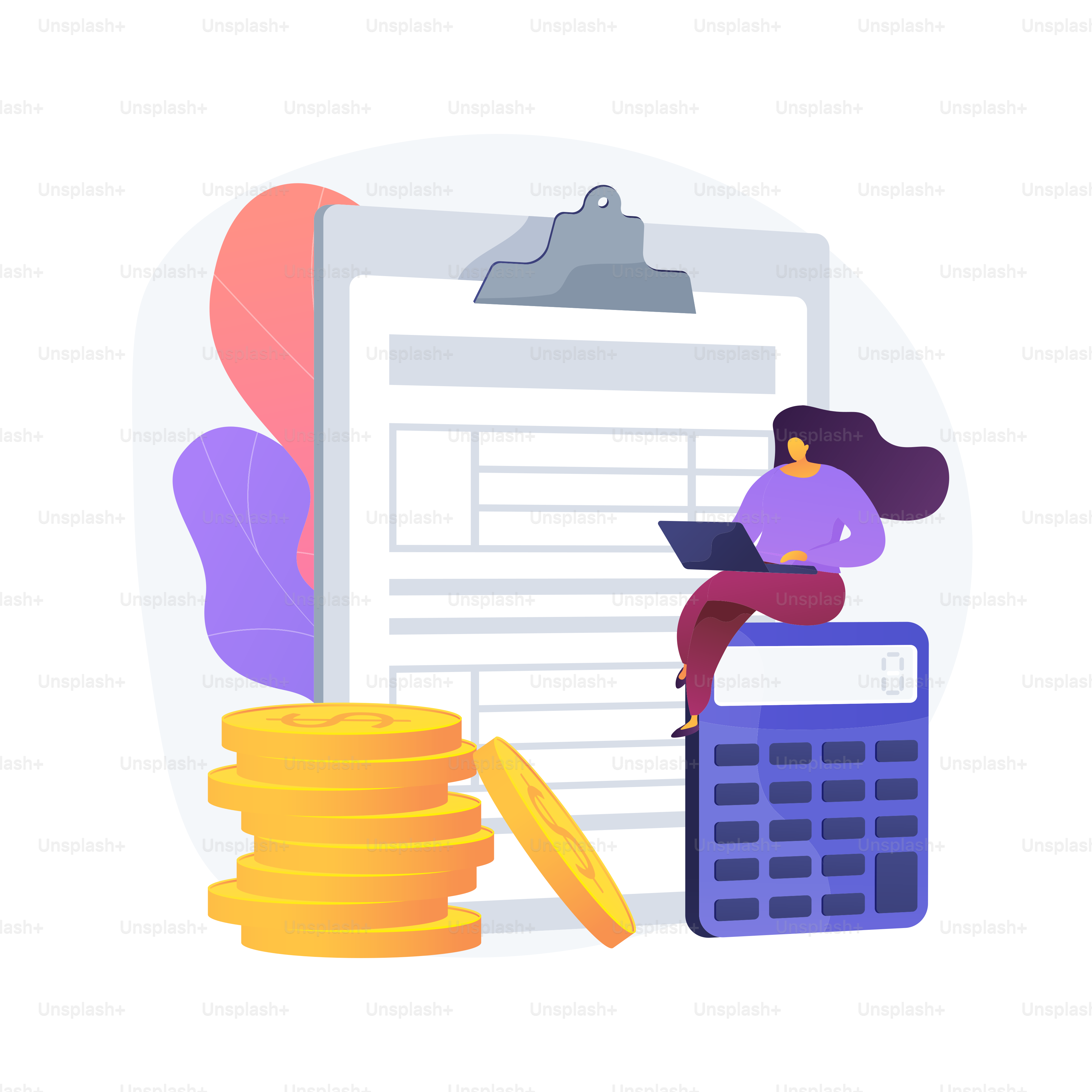 공식 문서가 포함된 클립보드. 여분의 수입 관리. 종이로 칠판을 만들고. 재무 플래너. 노란 동전 더미, 돈 더미, 보너스 펀드. 혜택과 번영. 벡터 고립 개념 은유 예시.