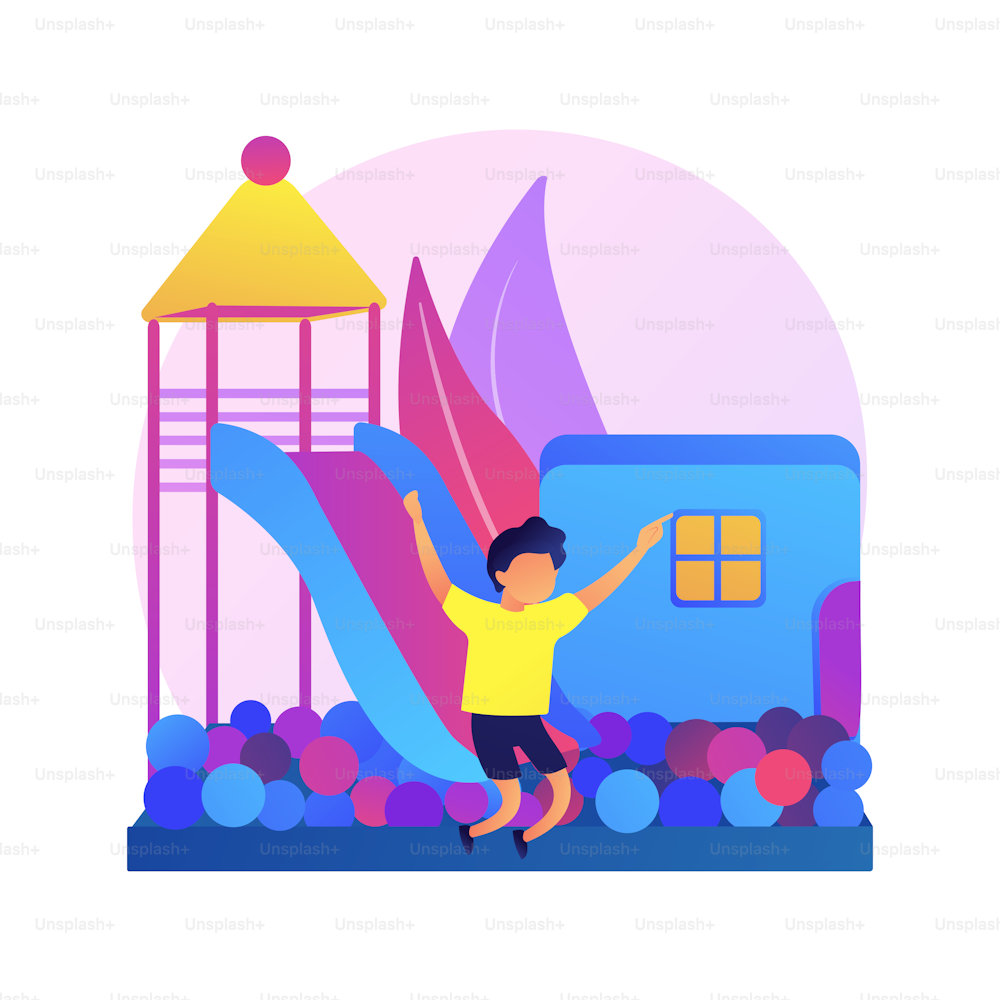 Child friendly zone. Kids playground, kindergarten facilities, kidzone games. Entertainer playing with preschooler and toddler. Early development center. Vector isolated concept metaphor illustration