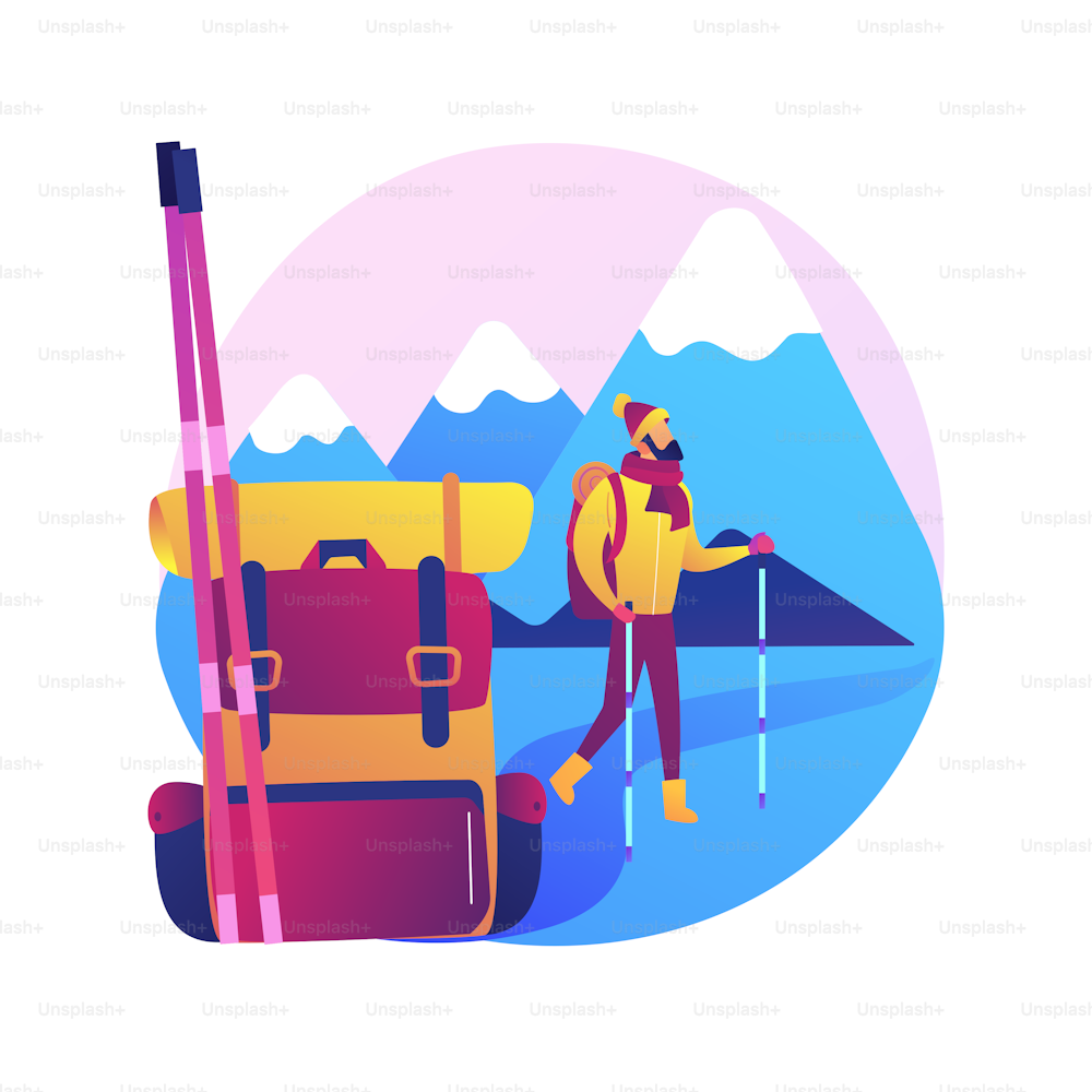 山岳遠征。放浪癖と冒険心。休暇中のバックパッカー、観光客の散歩、旅行者の登山。アルプスの山頂でのハイキング。ベクター画像分離型コンセプトメタファーイラスト。