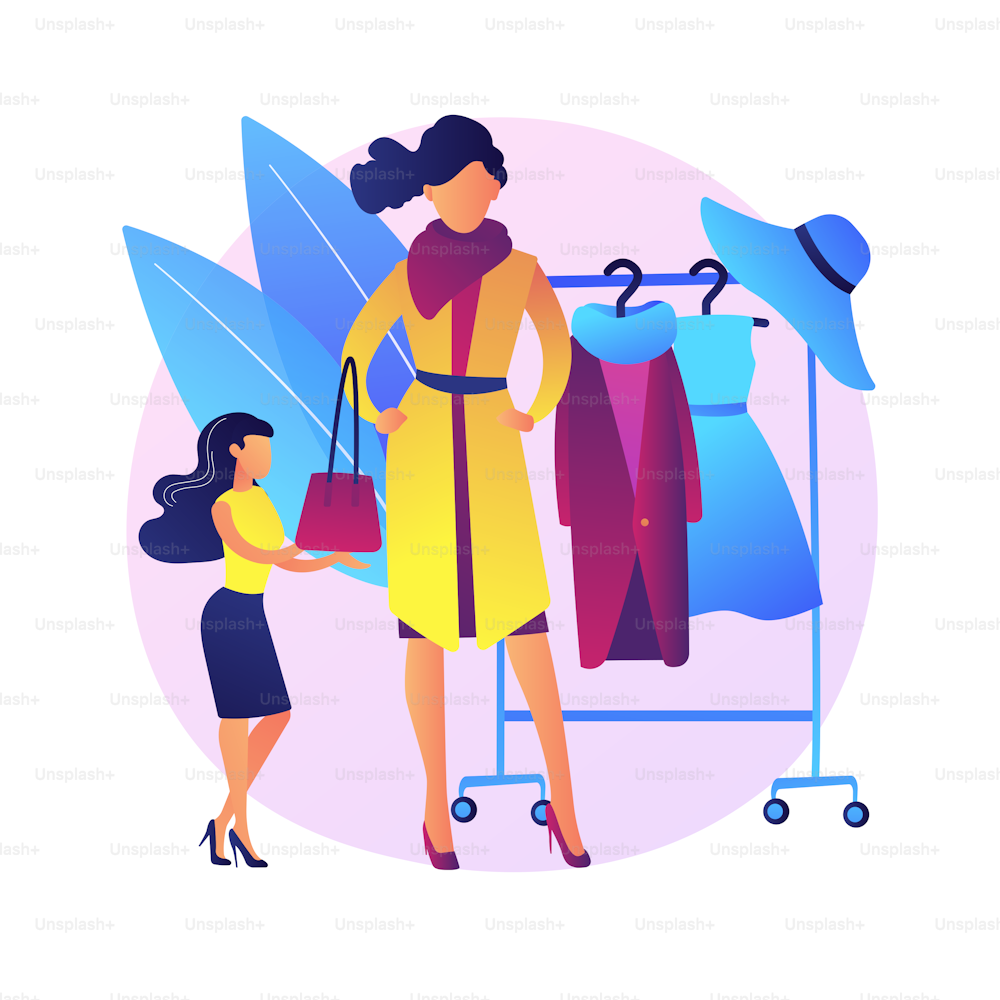 Personal stylists services. Professional imagemaker, fashion expert, stylist advice. Clothing consultant choosing outfit and accessories for customer. Vector isolated concept metaphor illustration