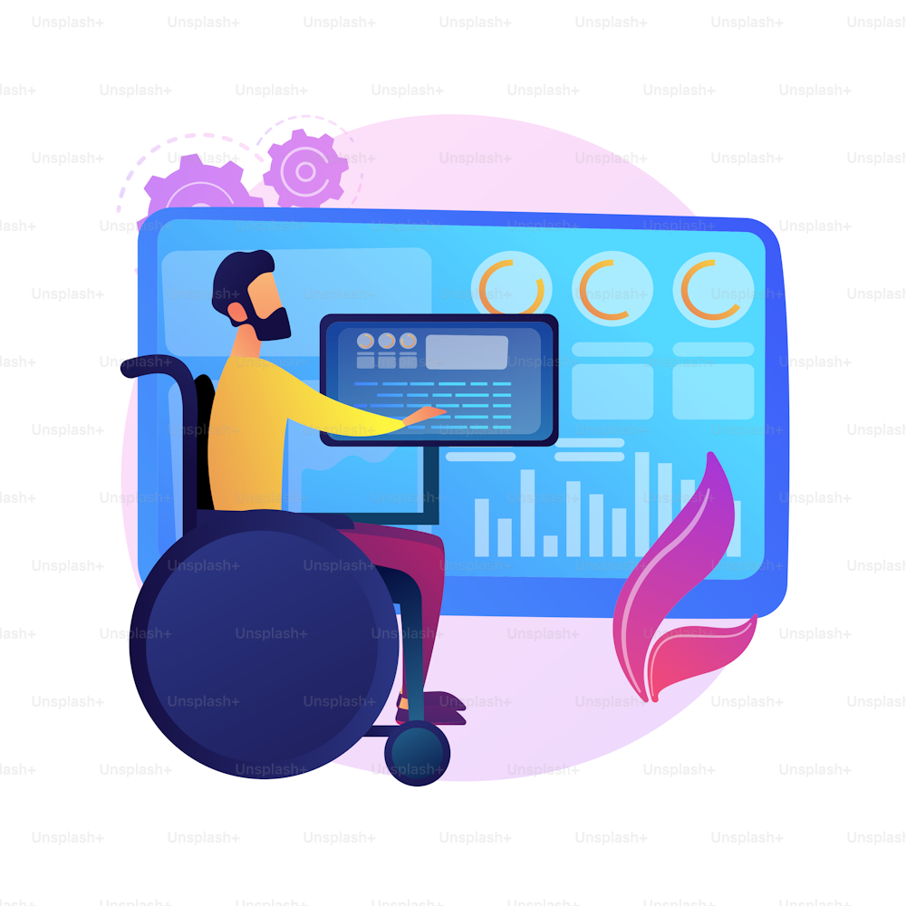 Entertainment for people with disabilities, special needs. Hobbies, recreation, education. Disabled man on wheelchair watching video on smartphone. Vector isolated concept metaphor illustration