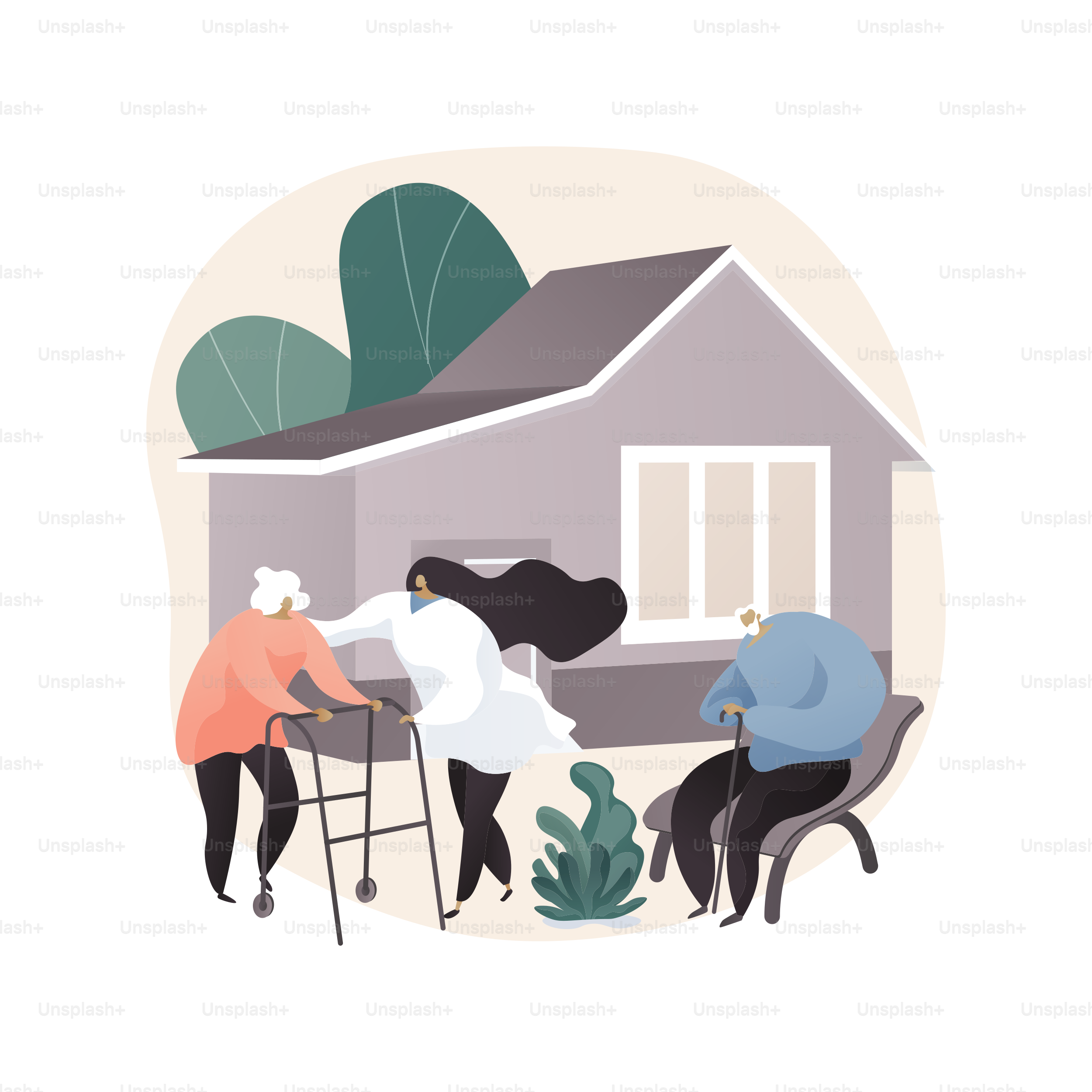 Ilustración vectorial de concepto abstracto en residencias de ancianos.  Centro de ancianos, residencias, fisioterapia, servicios de atención para  personas mayores, estancia prolongada para jubilados, metáfora abstracta de  la casa de anciano. vector –, image size:3000x3000