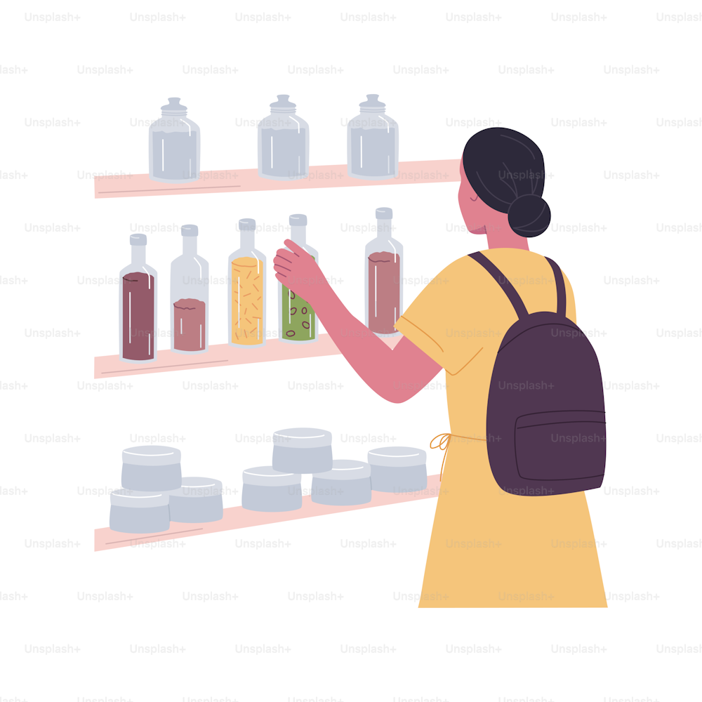 Buying seeds isolated cartoon vector illustrations. Young woman choosing seeds in the supermarket, food diversity in glass bottles, healthy nutrition, zero-waste shop vector cartoon.