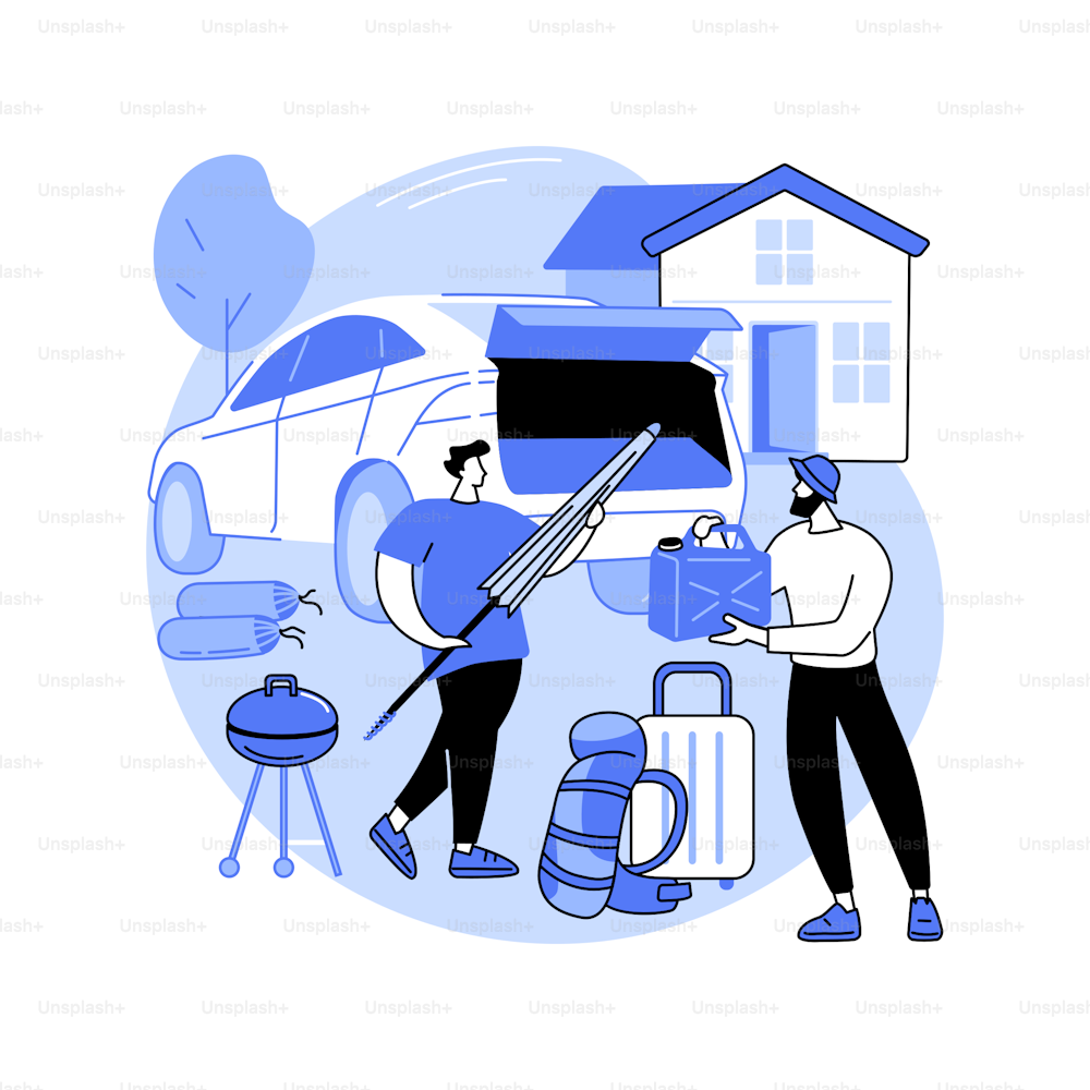 Packing for the trip isolated cartoon vector illustrations. Group of friends pack bags and barbeque grill machine for road trip, people lifestyle, travel preparation vector cartoon.