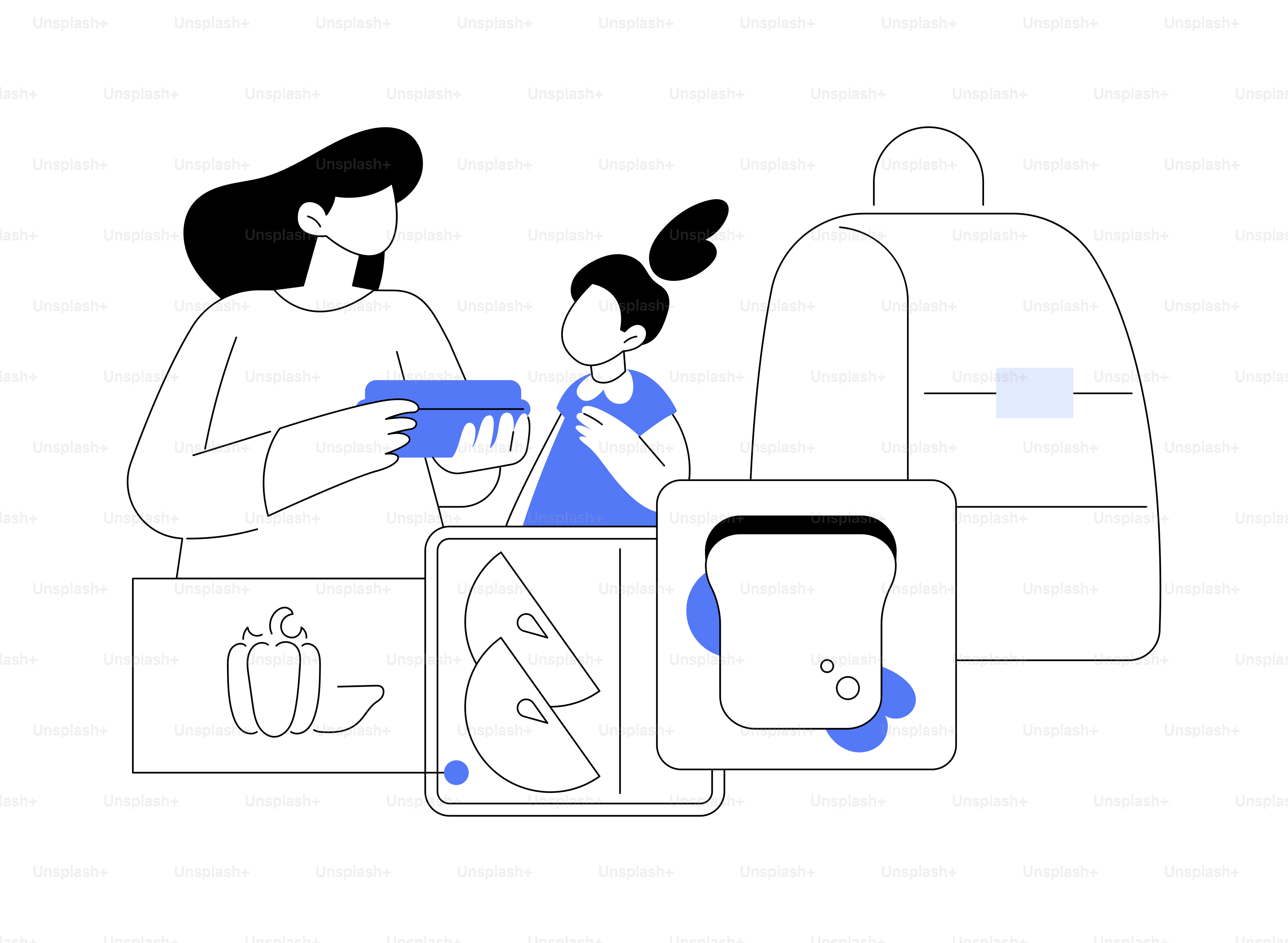 Ilustración vectorial abstracta de fiambreras para niños. Idea de fiambrera, nutrición equilibrada para niños, snack saludable, material escolar, cuidado para padres, bolsa térmica aislante a prueba de fugas, metáfora abstracta del termo.