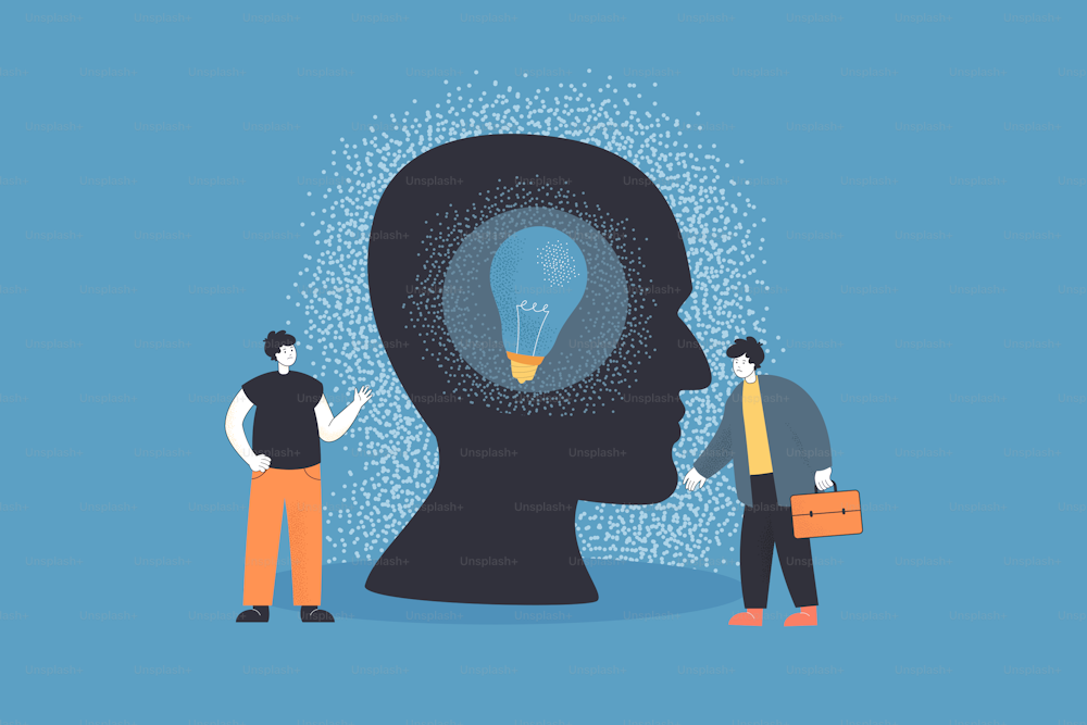 Sad business people standing near head with dark light bulb. Tiny frustrated male employees without motivation flat vector illustration. Fail concept for banner, website design or landing web page