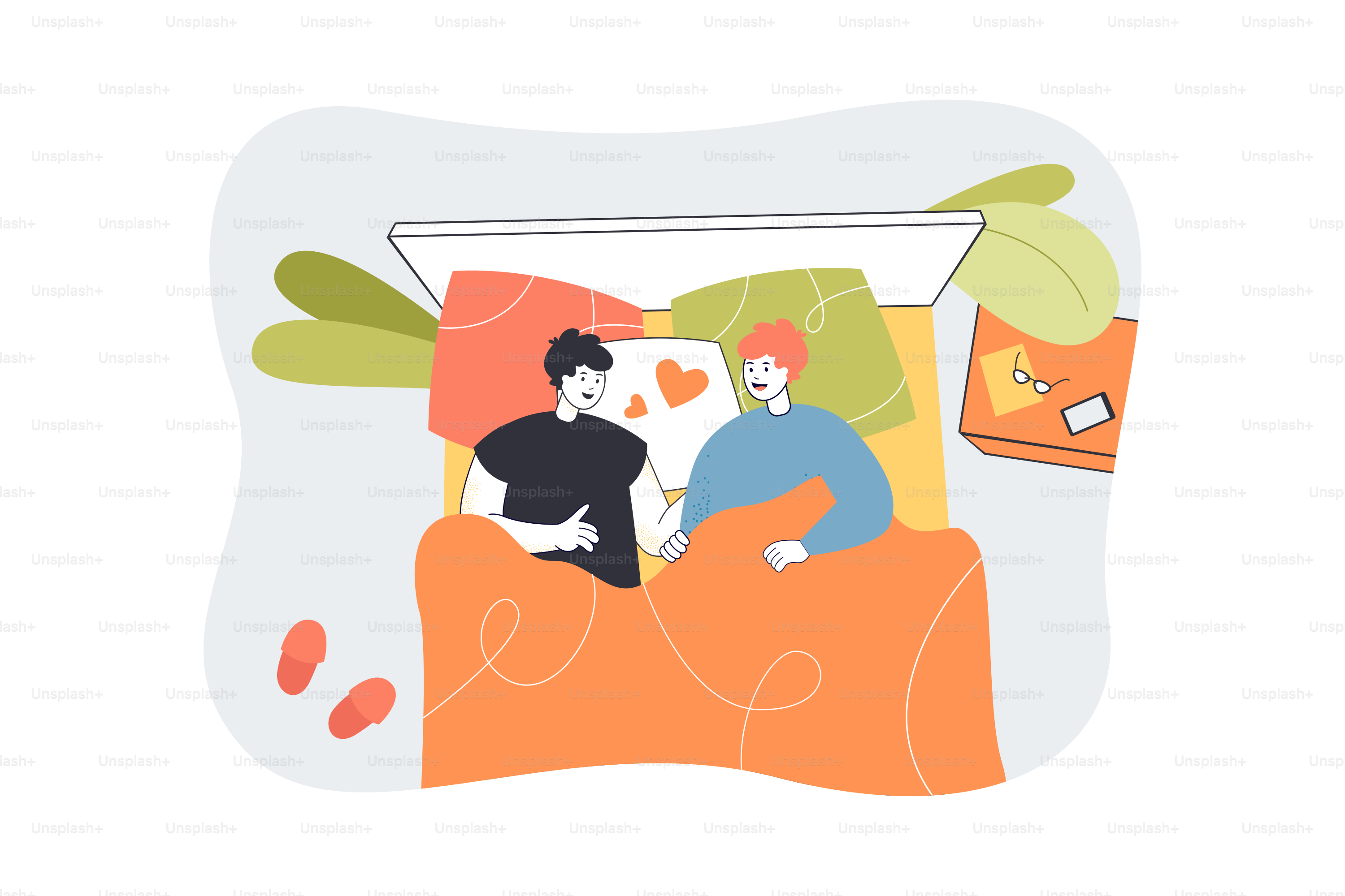 Homosexuelles Paar liegt im Bett unter der Decke. Zwei junge Männer mit Herzen über dem Kopf, flache Vektorillustration. Liebe, romantisches Beziehungskonzept für Banner, Webdesign oder Landingpage