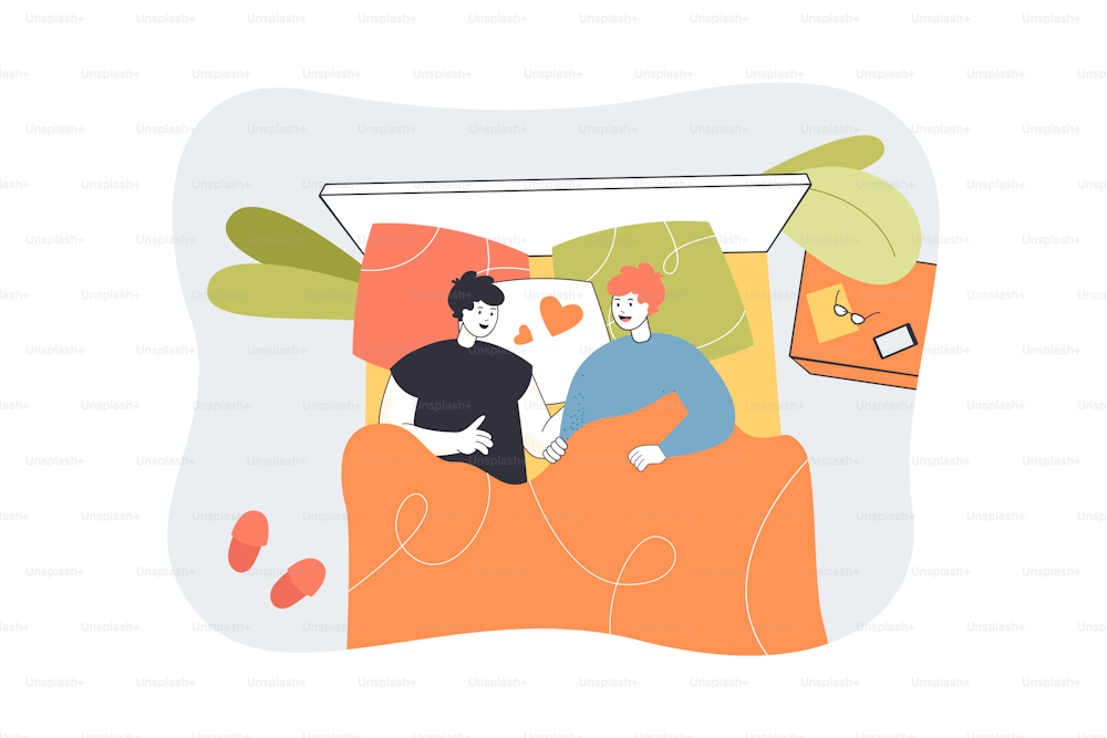Homosexual couple lying in bed under blanket. Two young men with hearts above heads flat vector illustration. Love, romantic relationship concept for banner, website design or landing web page