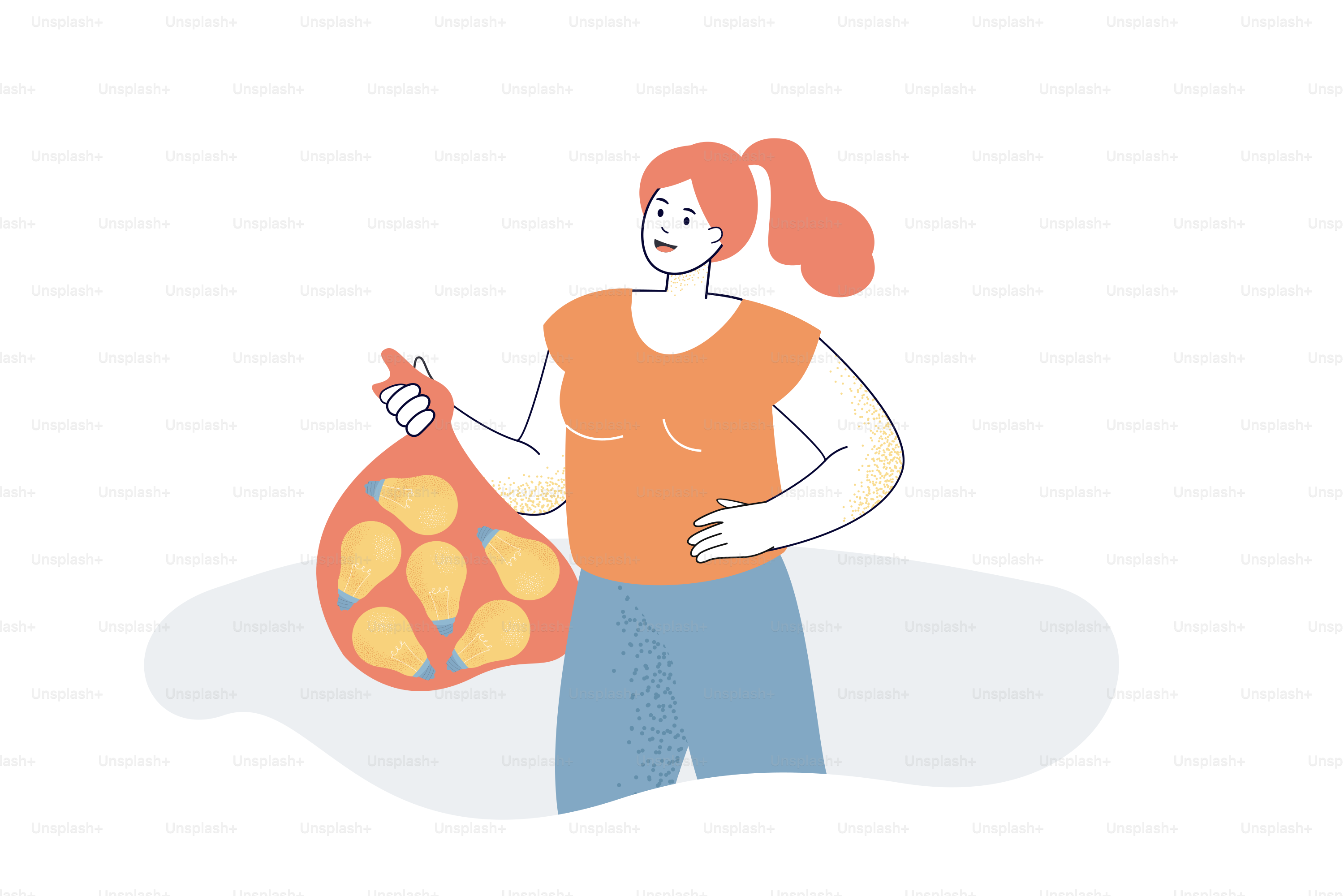 Woman holding bag full of lightbulbs flat vector illustration. Female person having abundance of creative ideas. Inspiration, innovation, startup concept for banner, website design or landing web page