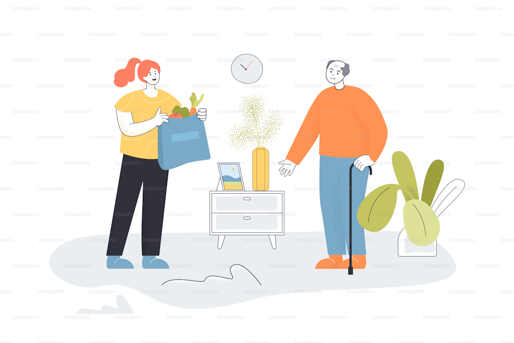 Delivering food to old man by young volunteer. Senior person receiving bag with grocery products flat vector illustration. Delivery, help concept for banner, website design or landing web page