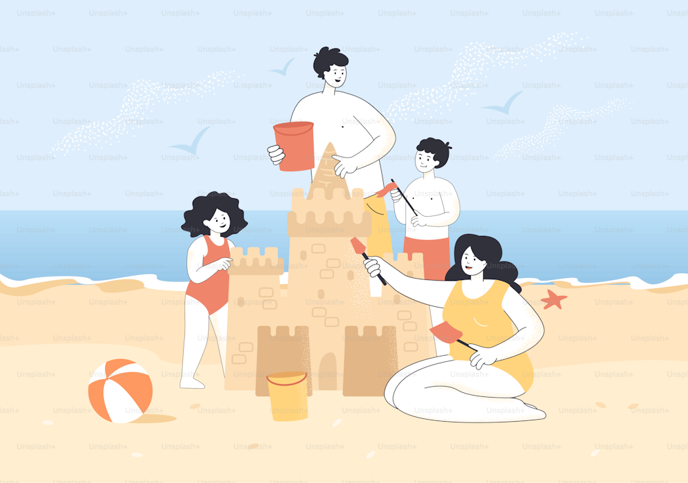 Mère, père et enfants faisant château de sable sur la plage ensemble. Scène d’été avec des gens heureux jouant ensemble, mer en arrière-plan illustration vectorielle plate. Concept de vacances en famille pour bannière