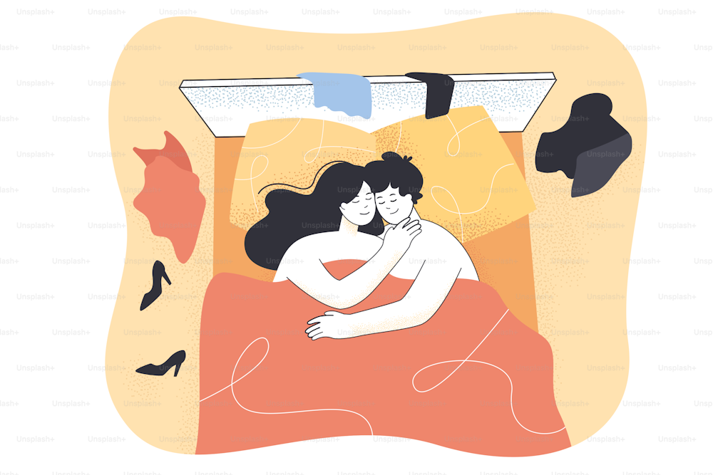 Happy hugs with love of couple people after sex. Sexual activity of funny naked woman and man lying in bed, bedroom top view flat vector illustration. Passion of lovers, intimacy, romance concept